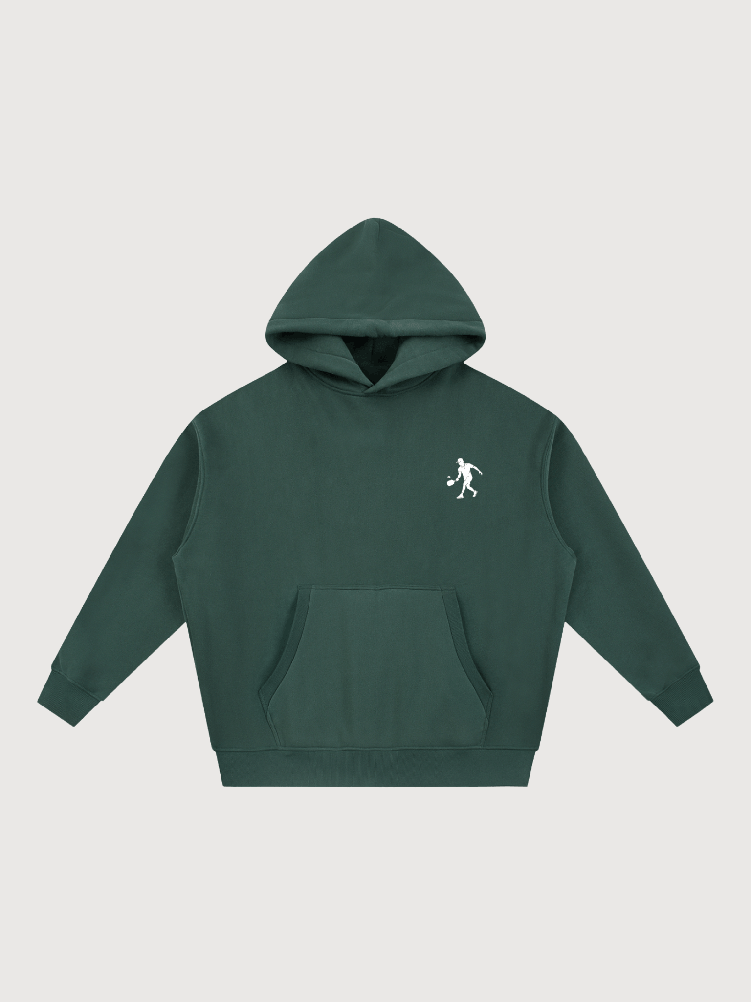 Front flat lay of forest green luxury pickleball hoodie with minimalist white chest logo and kangaroo pocket by The Dinking Society.