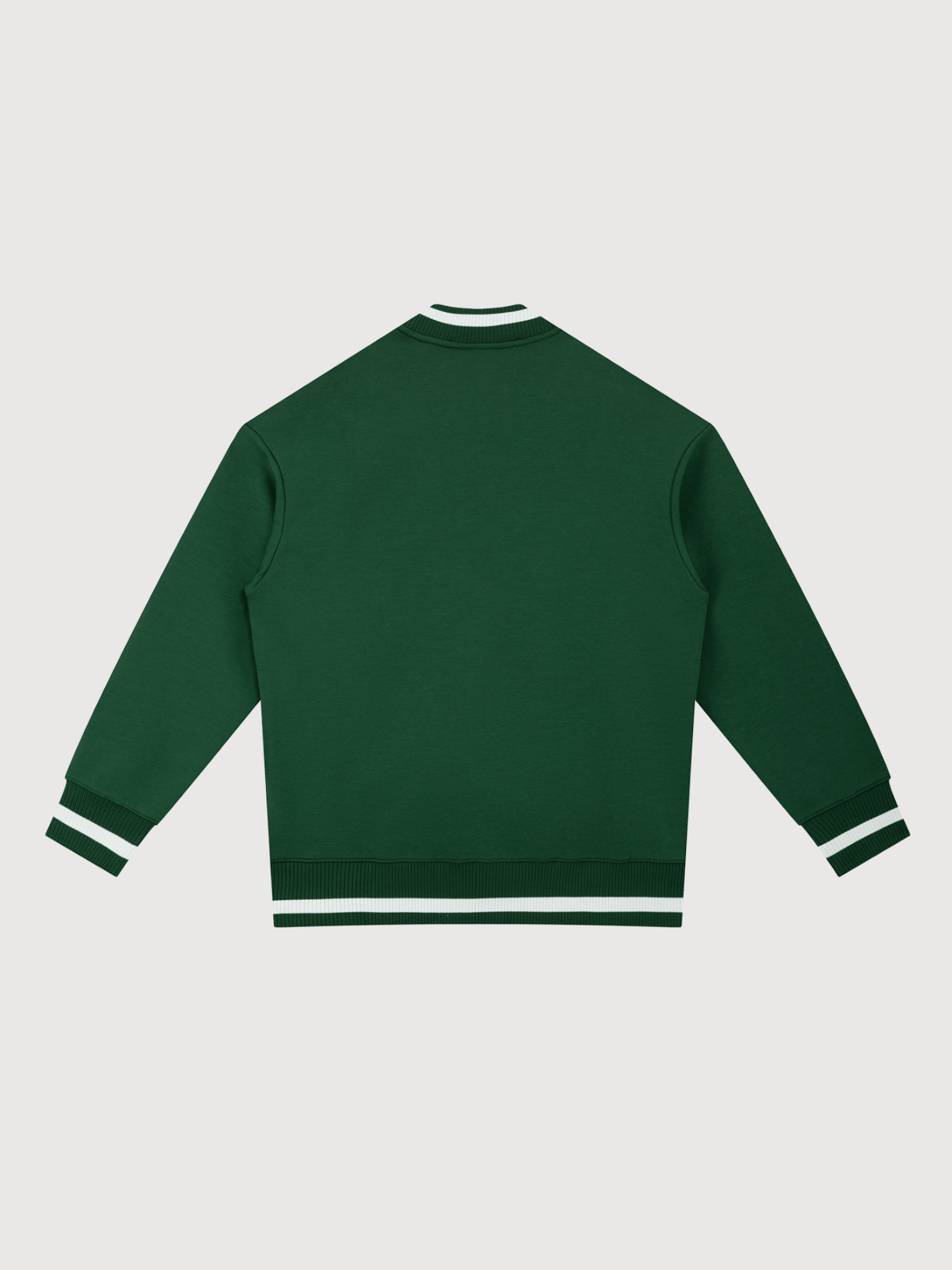 Back view of luxury green varsity jacket for men with striped rib trim and minimalist athletic design by The Dinking Society.