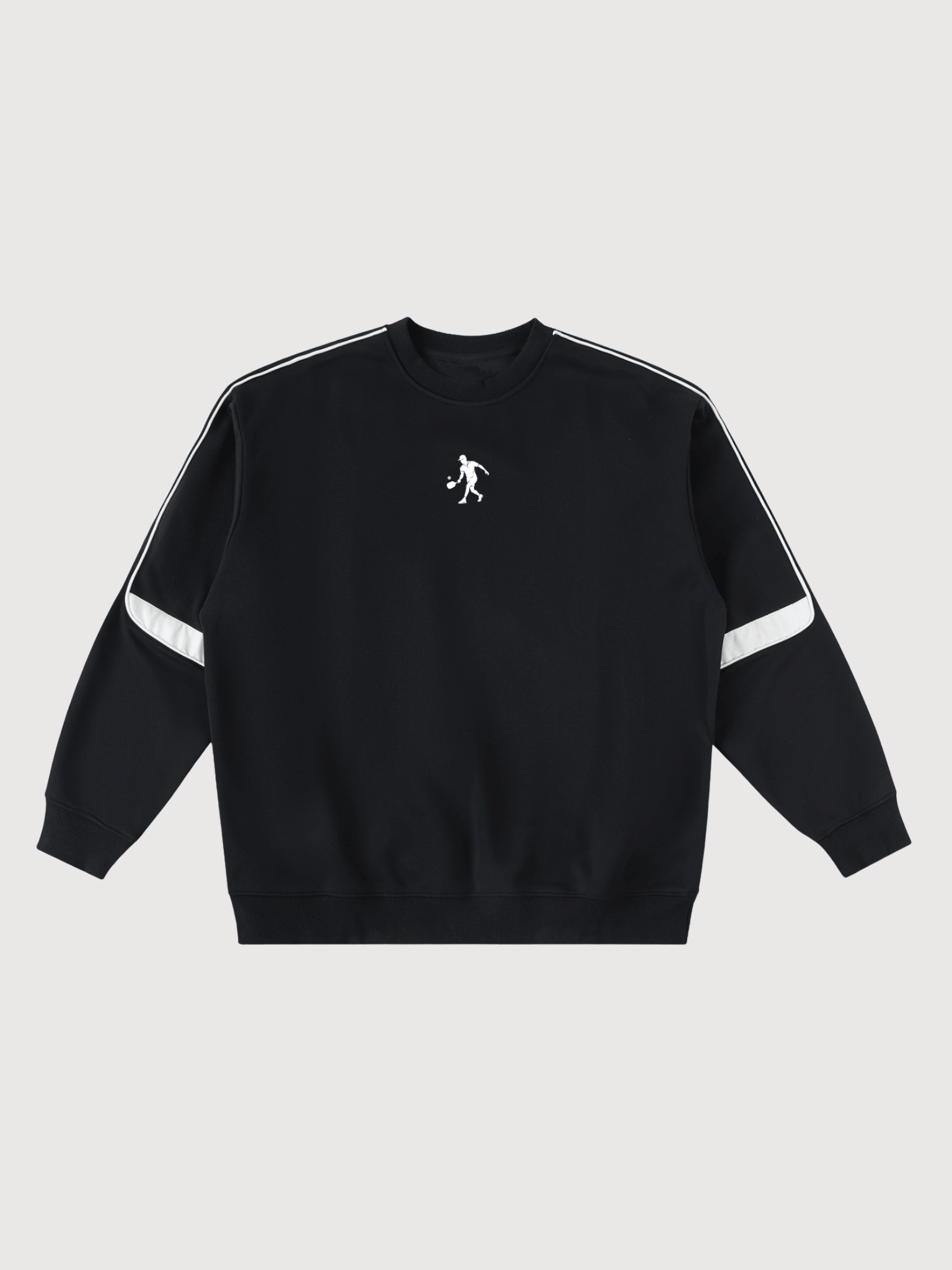Men’s black luxury pickleball outfit crewneck sweatshirt with white shorts studio look
