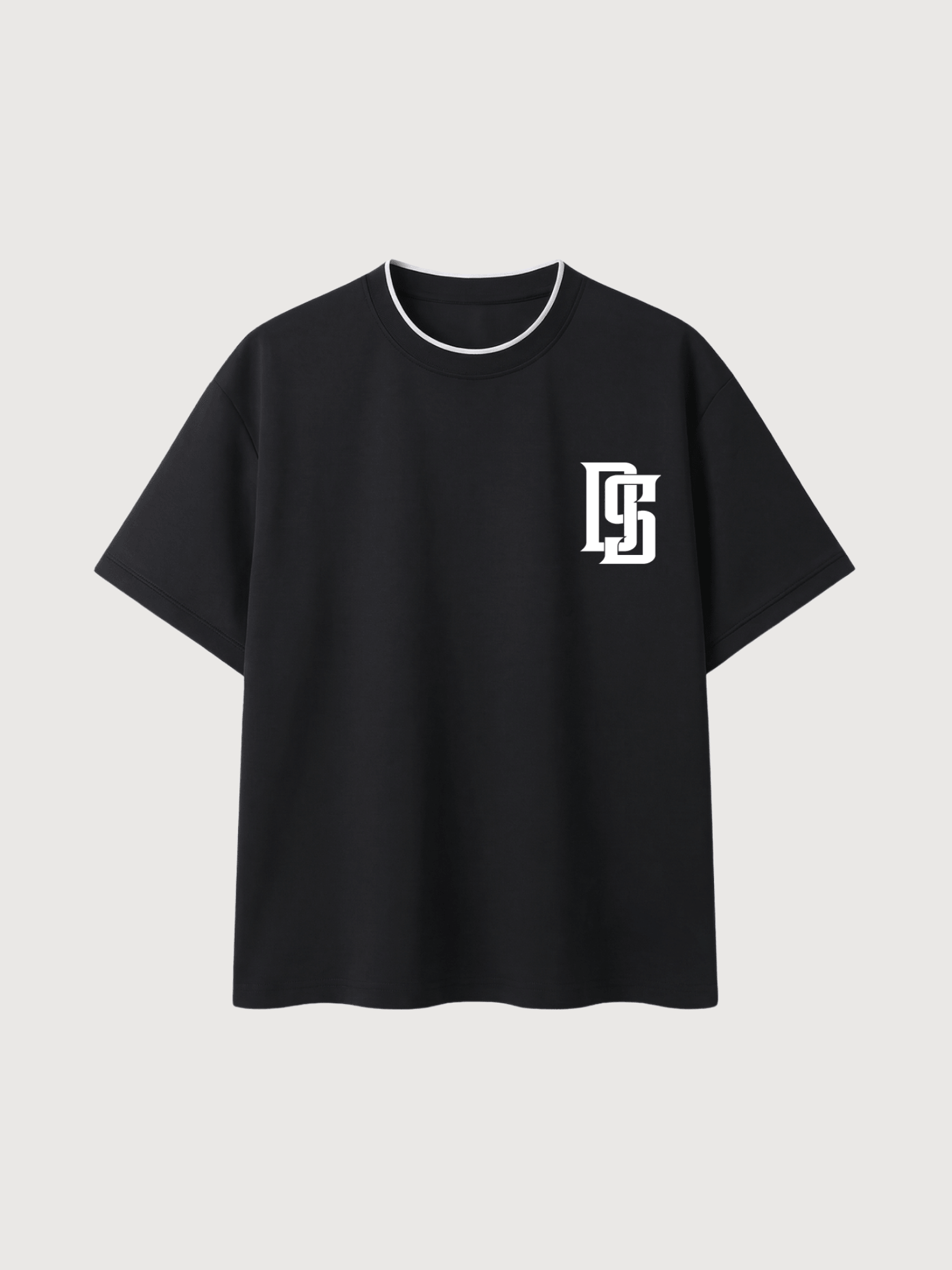 Front view of the DS Heritage Performance Tee in Caviar with white DS monogram logo and contrast piping.