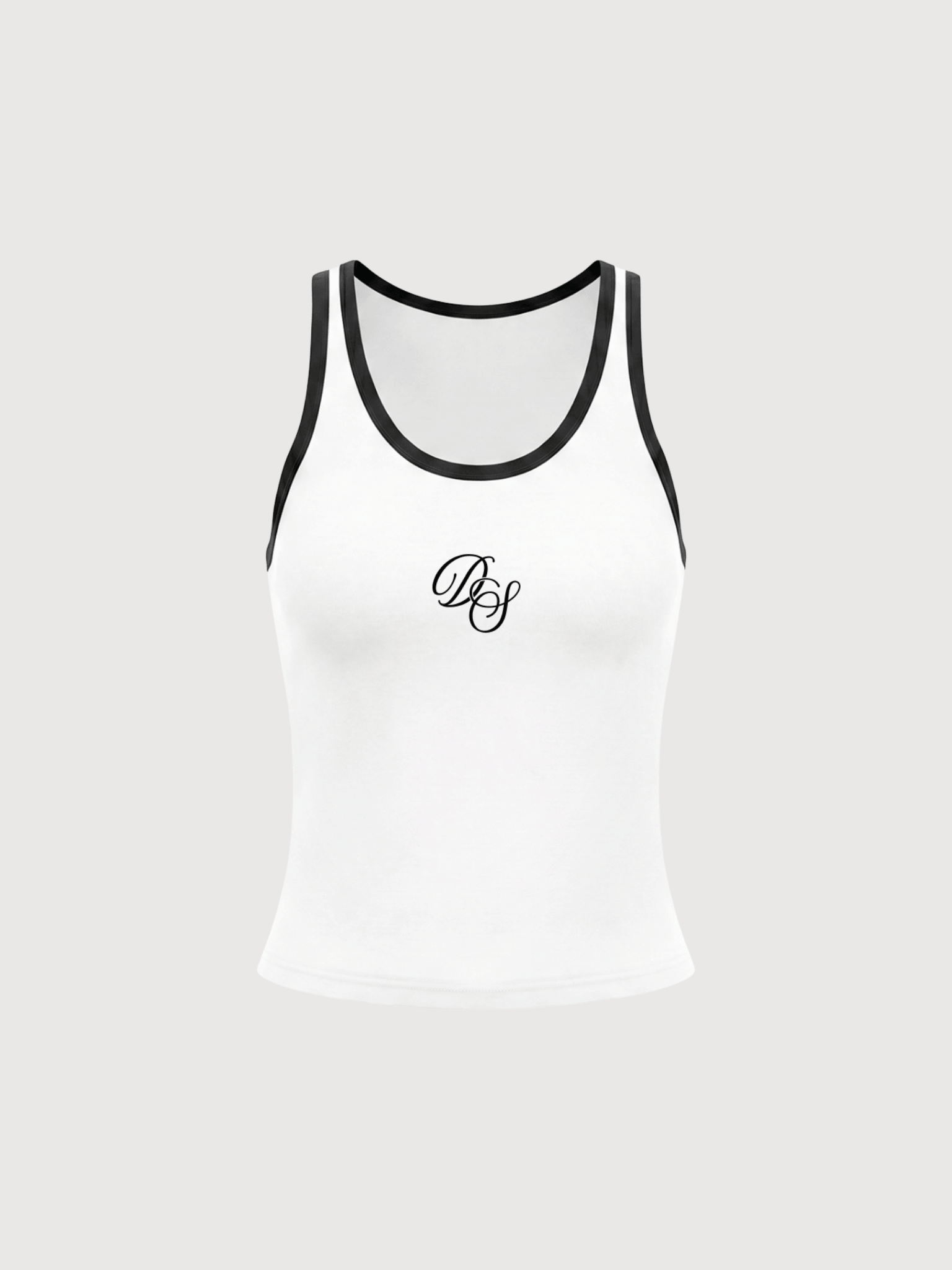 womens-white-ds-monogram-racer-tank-front-flatlay-luxury-athleisure.png