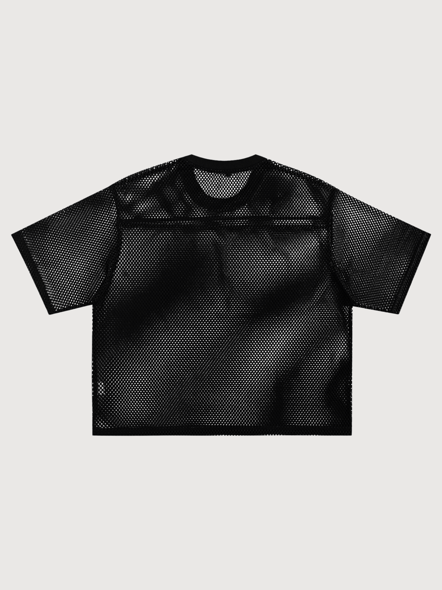 Back view of oversized black mesh pickleball shirt with sheer athletic mesh fabric and relaxed luxury fit.