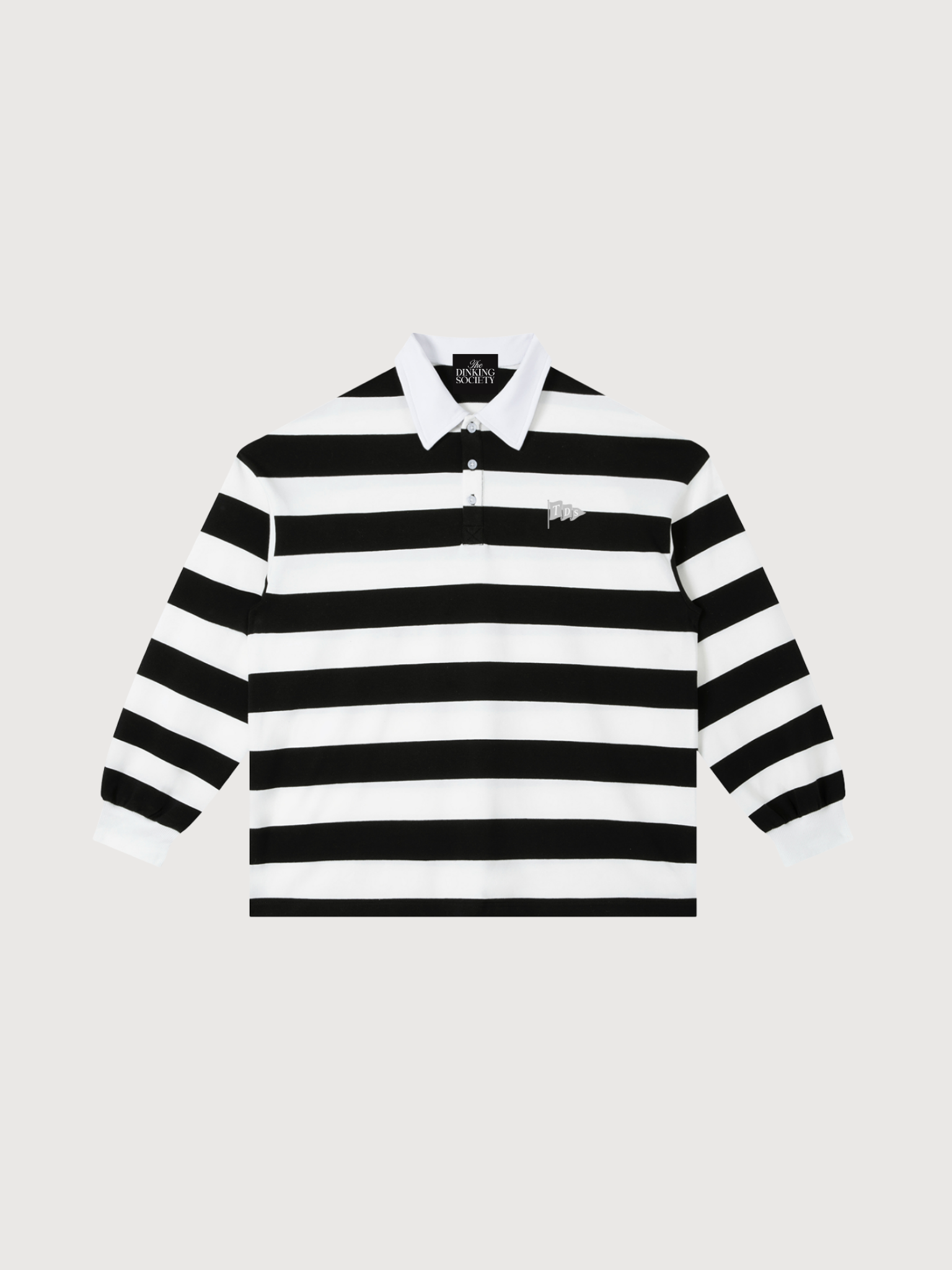 Black and white striped rugby polo luxury pickleball shirt with printed logo