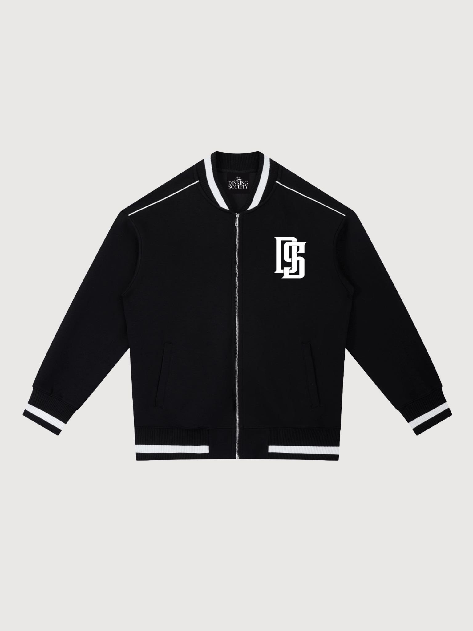 Luxury black varsity jacket for men featuring white striped trim, zip front closure, and DS monogram chest logo.