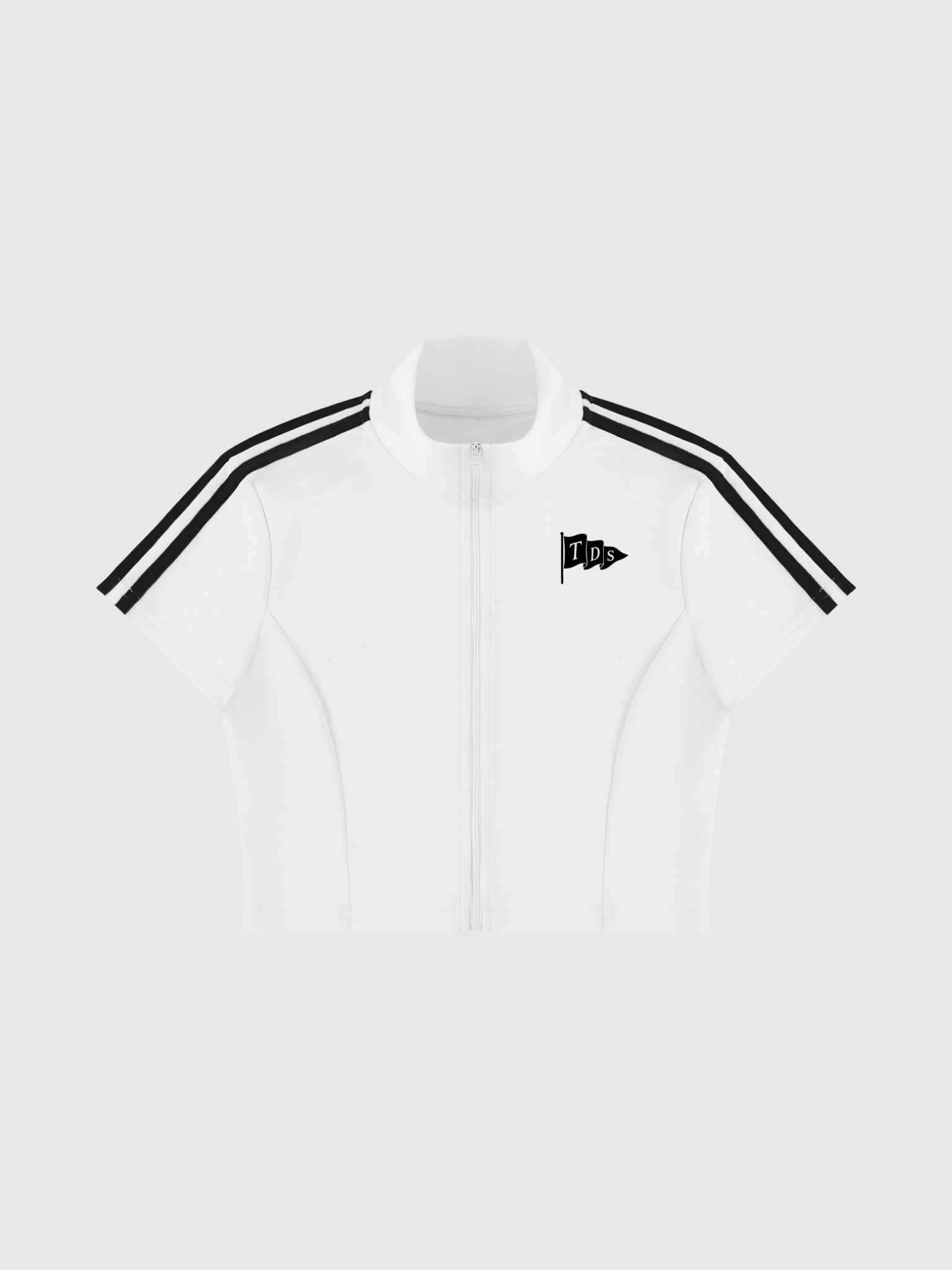 Women’s luxury pickleball zip crop top in porcelain with black stripe detail by The Dinking Society