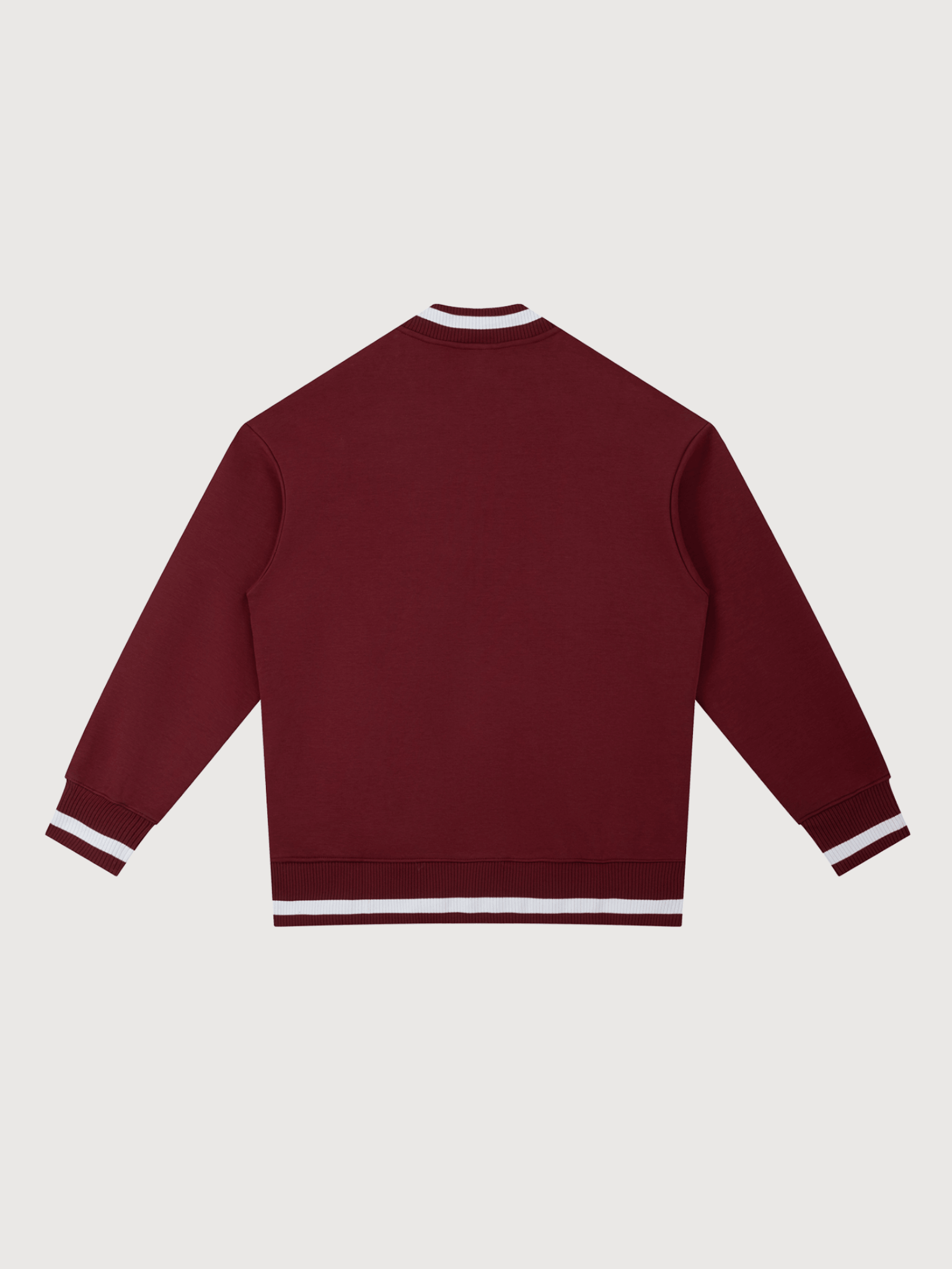Back view of burgundy varsity jacket for men with premium athletic styling and minimalist luxury aesthetic by The Dinking Society.
