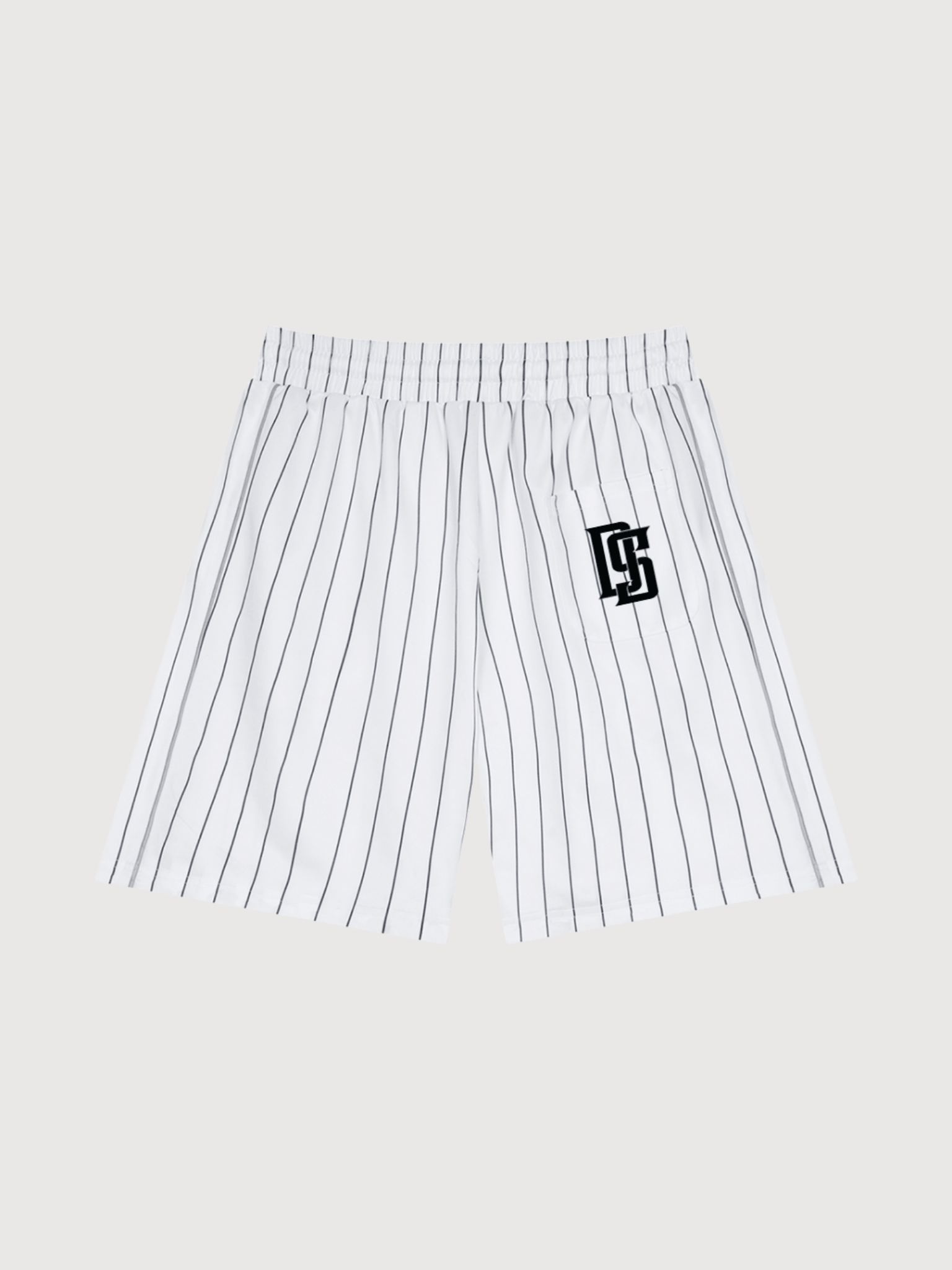 White pinstripe men’s athletic shorts featuring DS monogram logo