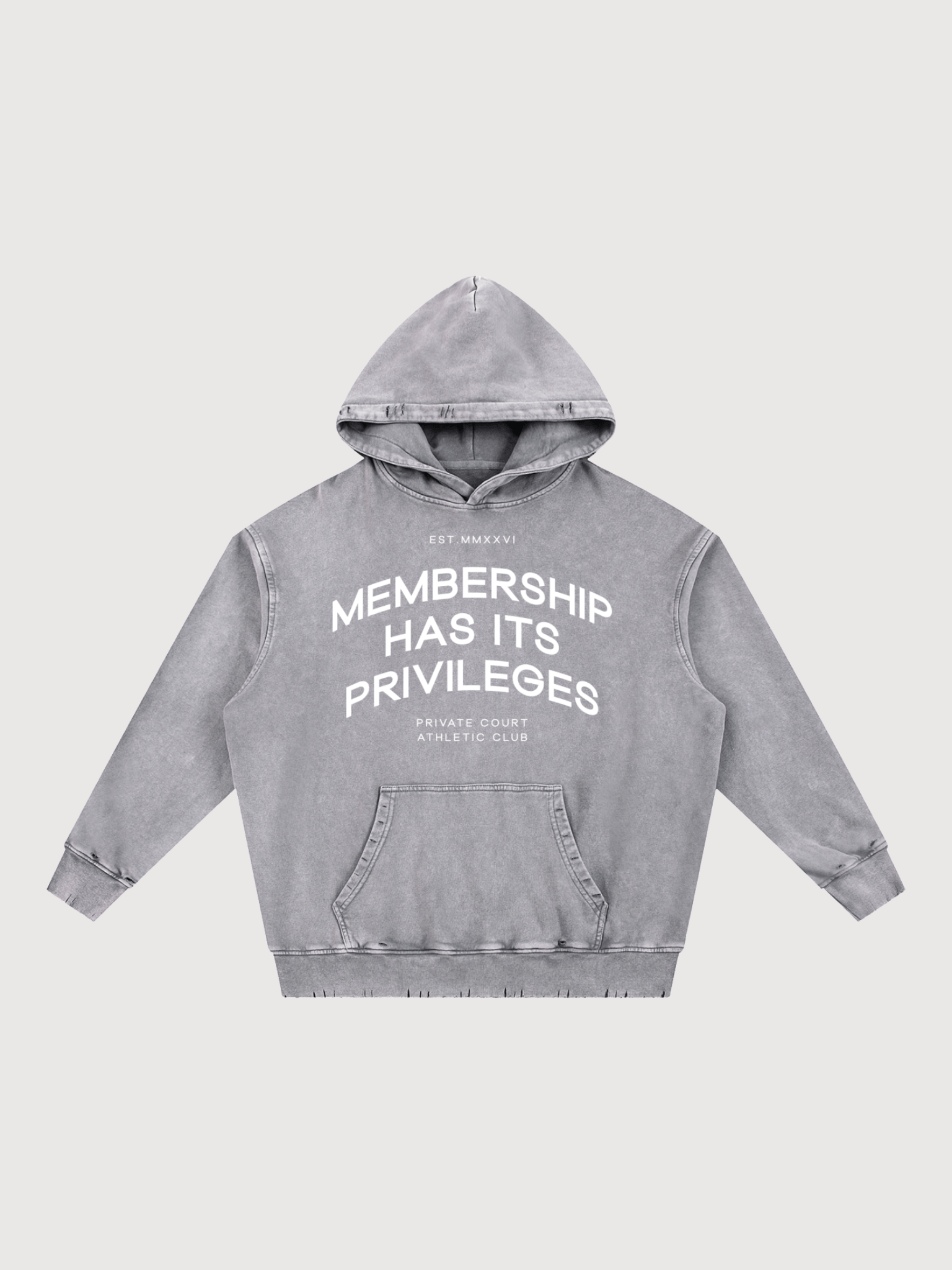 Front view of light gray oversized pickleball hoodie with luxury country club inspired graphic