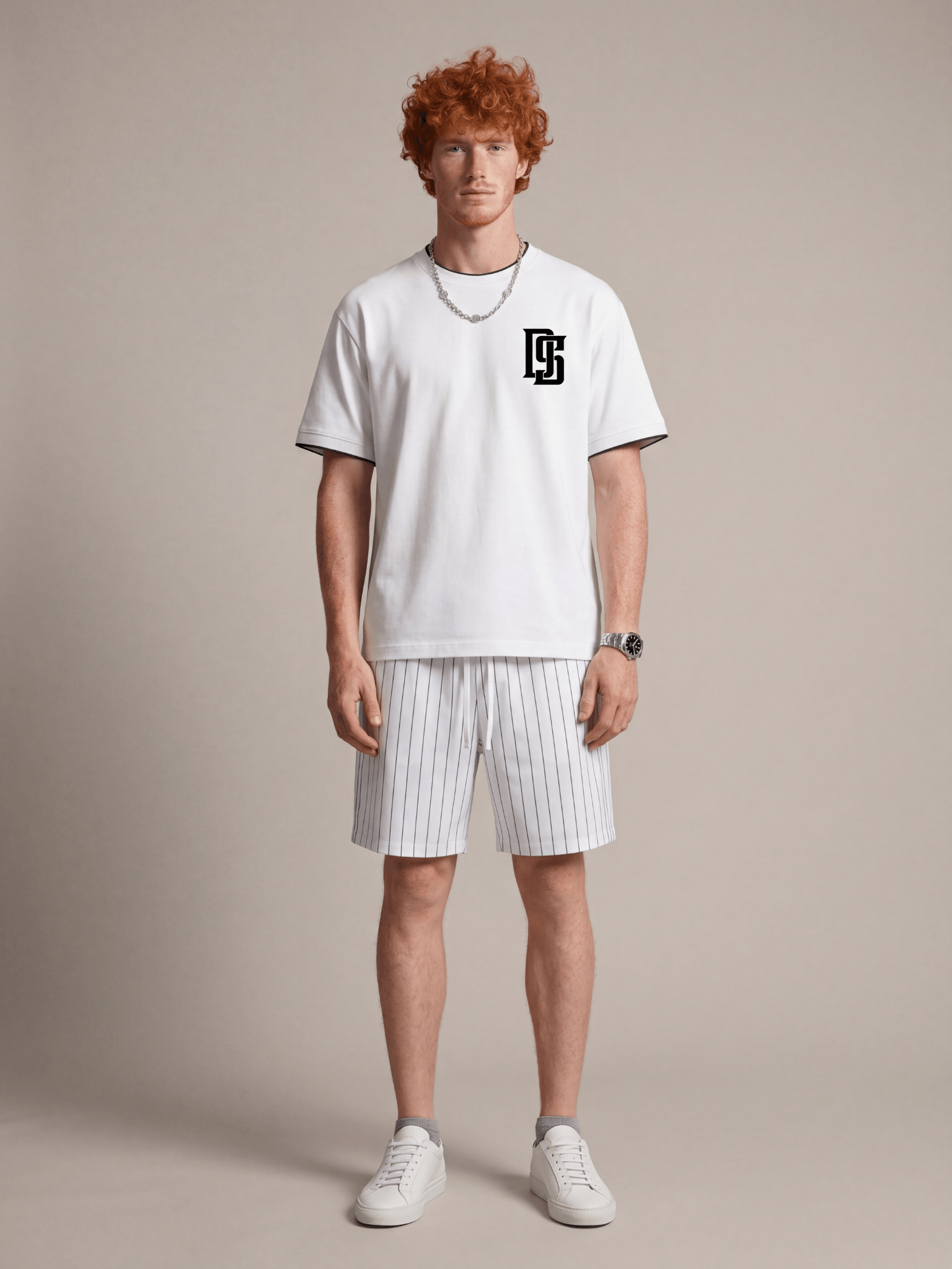 Male model wearing a luxury white pickleball t-shirt with striped athletic shorts and white sneakers in a minimalist editorial studio setting.