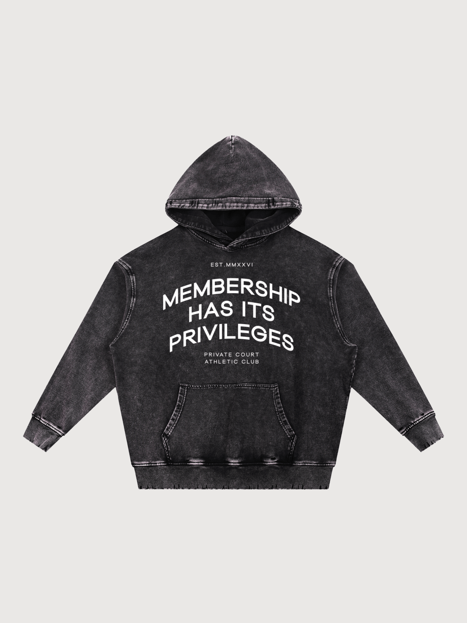 Front view of black acid wash pickleball hoodie with Membership Has Its Privileges athletic club graphic