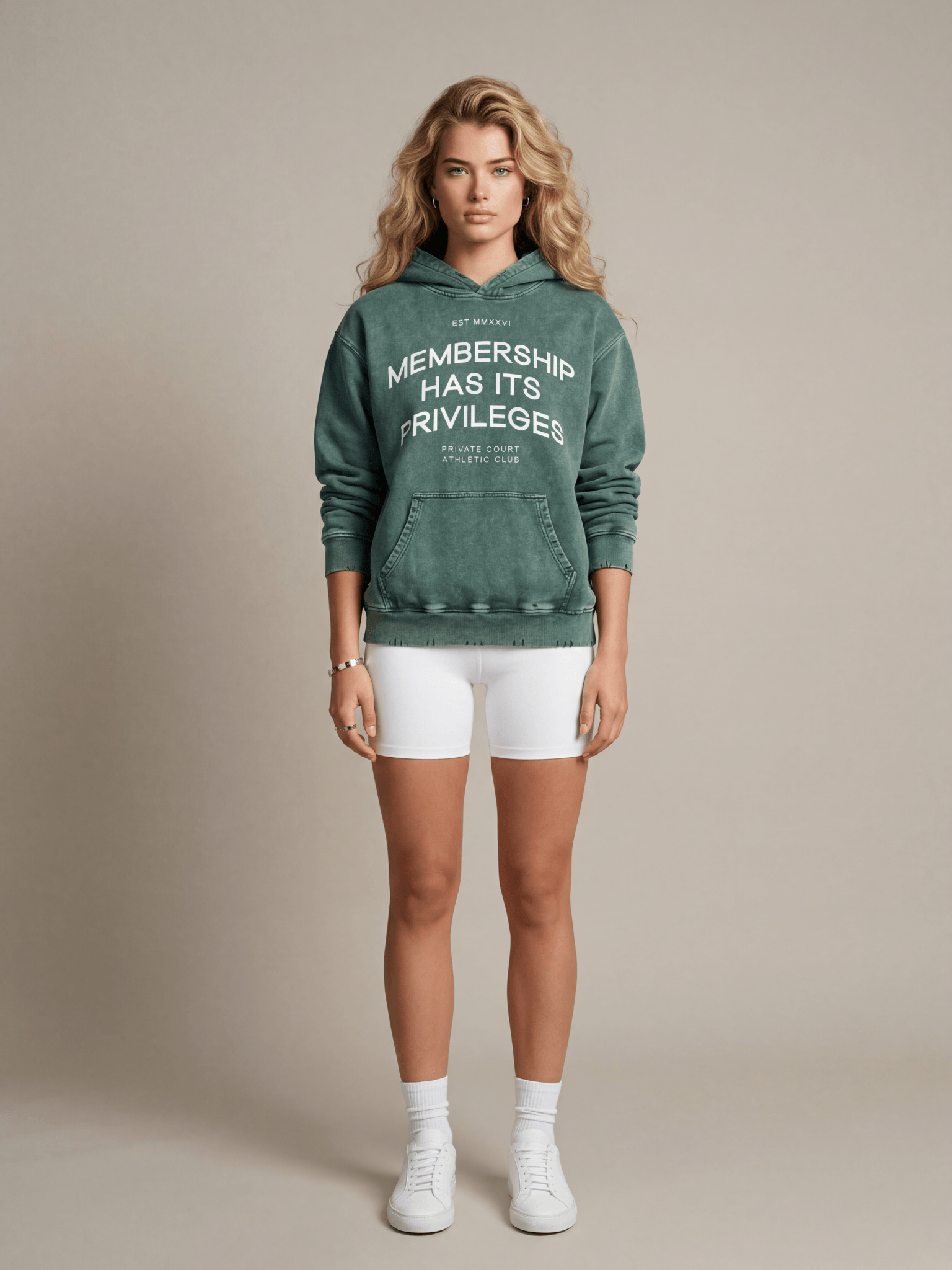 Women’s luxury pickleball hoodie in vintage green with “Membership Has Its Privileges” graphic by The Dinking Society