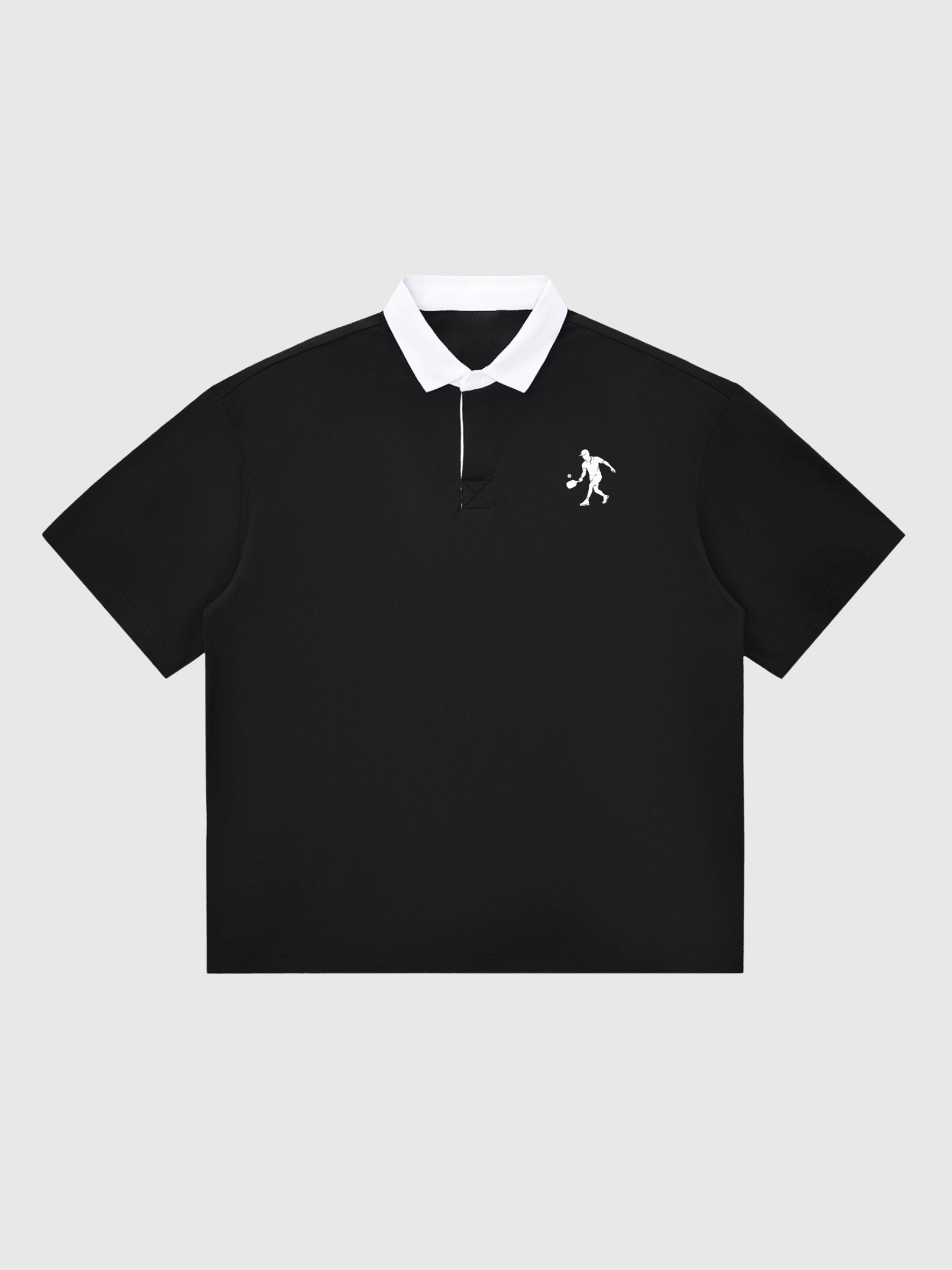Luxury black pickleball polo shirt with white collar by The Dinking Society