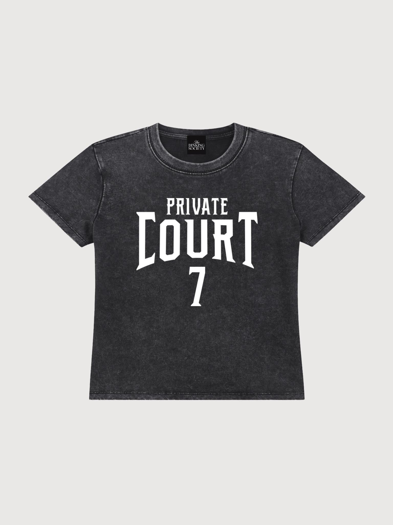 Women’s pickleball shirt with “Private Court 7” graphic in vintage black, preppy country club style athleisure tee