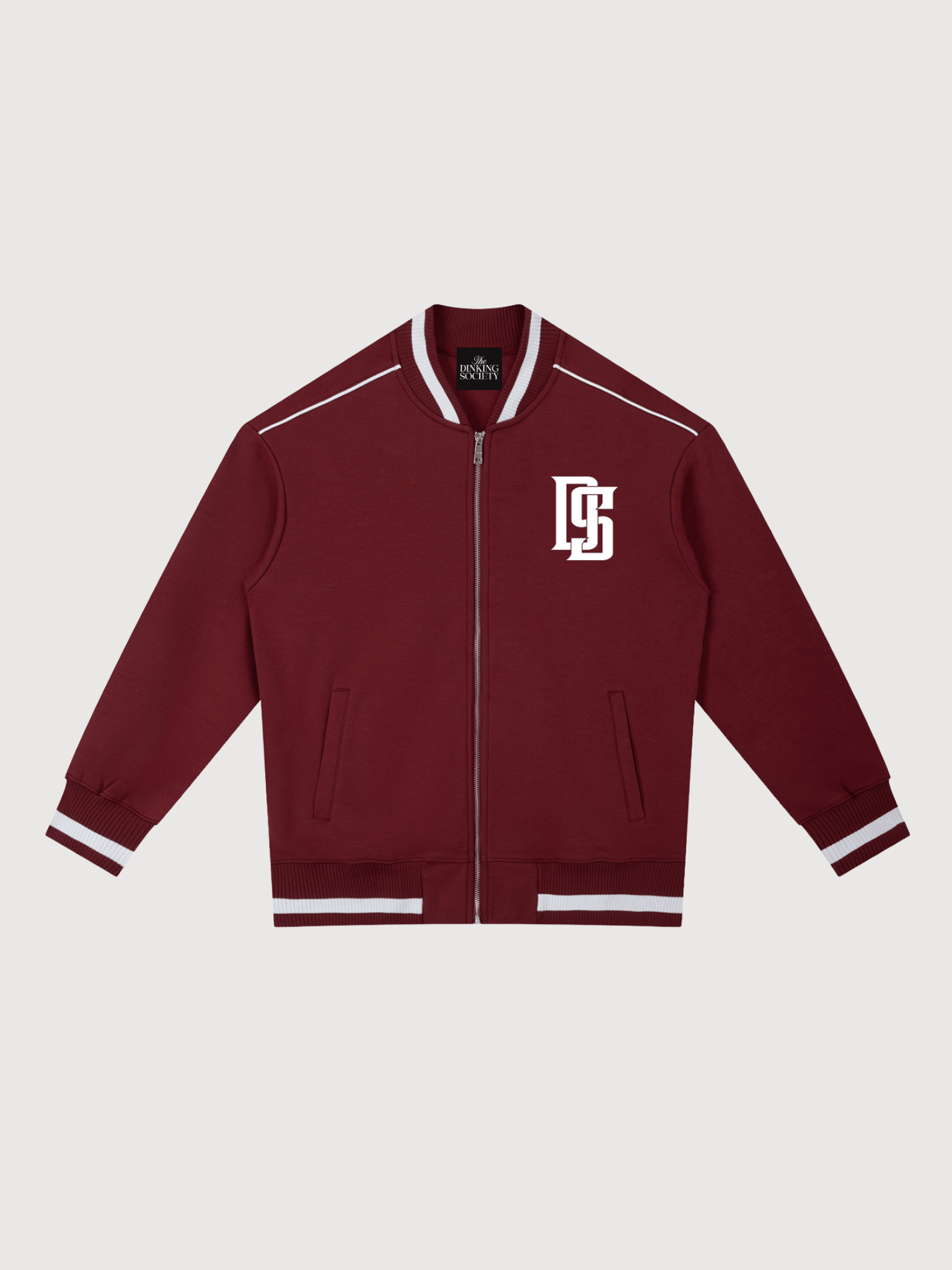Luxury burgundy varsity jacket for men with white striped rib trim, front zipper closure, and DS monogram detail.