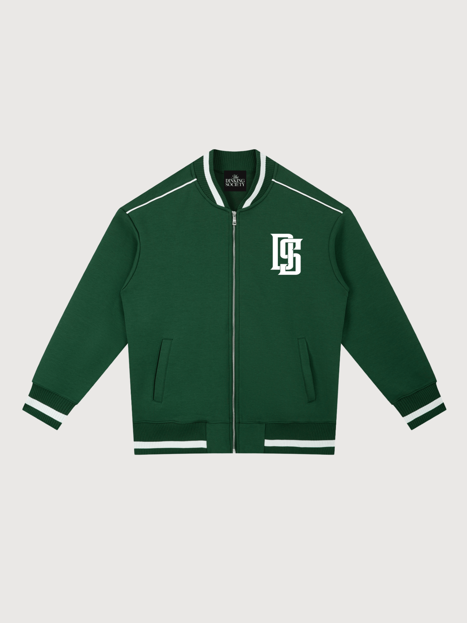 Luxury green varsity jacket for men by The Dinking Society featuring white striped rib trim, zip front closure, and DS monogram logo.