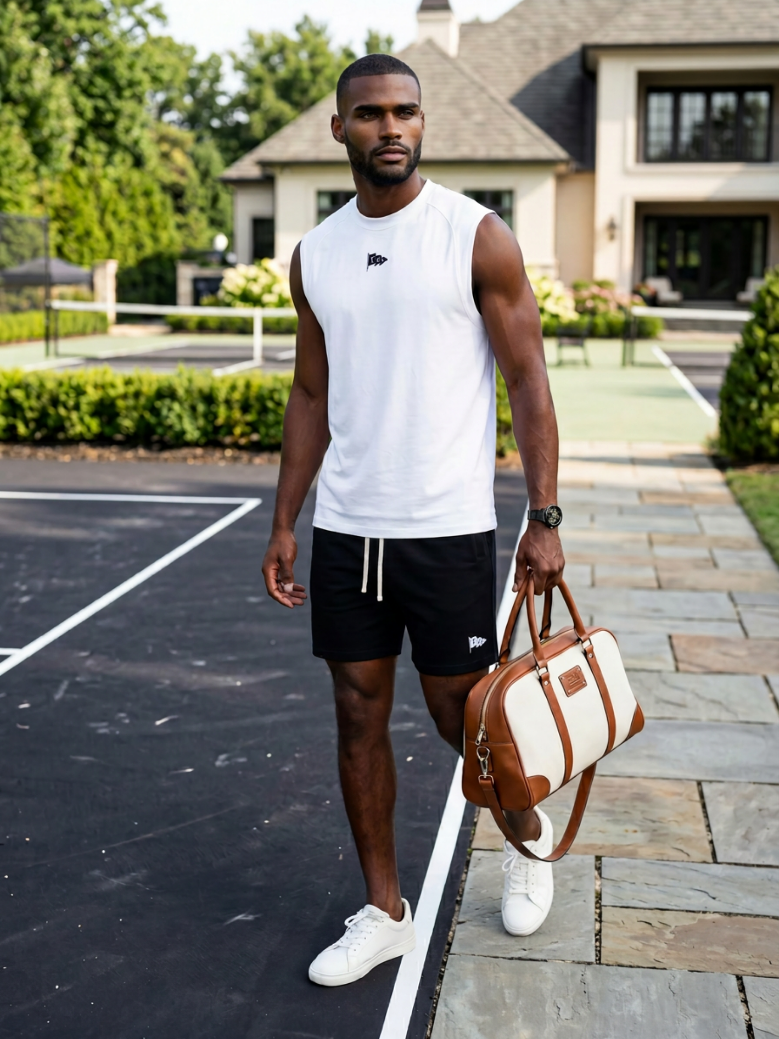 A young man holding a beige and brown duffel bag, walking near a pickleball court with a house and lush greenery in the background. He is wearing a white sleeveless athletic shirt, black shorts, white sneakers, and a black wristwatch.