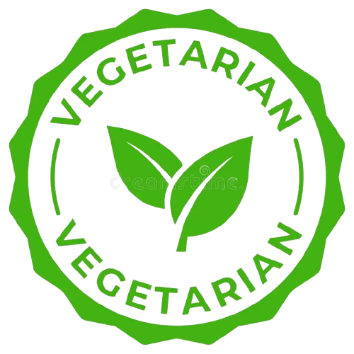 Logotipo de sello verde con un diseño de hoja y las palabras 'Vegetariano' en inglés y 'Vegetarian' en español alrededor.