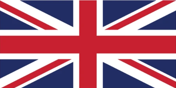 Bandera del Reino Unido con cruz de San Jorge, cruz de San Andrés y cruz de San David en fondo azul, blanco y rojo.