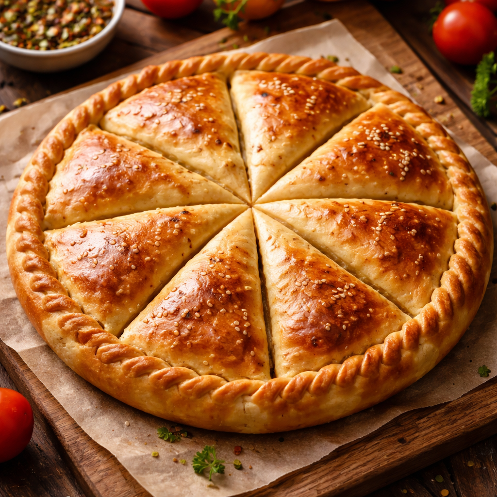 Pizza con masa dorada, corte en ocho porciones, con borde trenzado y espolvoreada con semillas de sésamo, sobre papel encerado en una tabla de madera.
