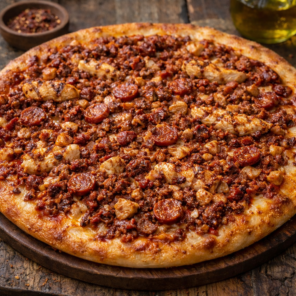 Pizza con masa dorada, cubierta con salchicha, carne molida, y queso, sobre una superficie de madera.