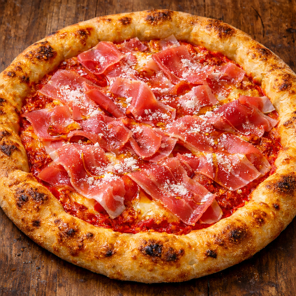 Pizza con jamón, queso, salsa de tomate y masa horneada en tabla de madera.