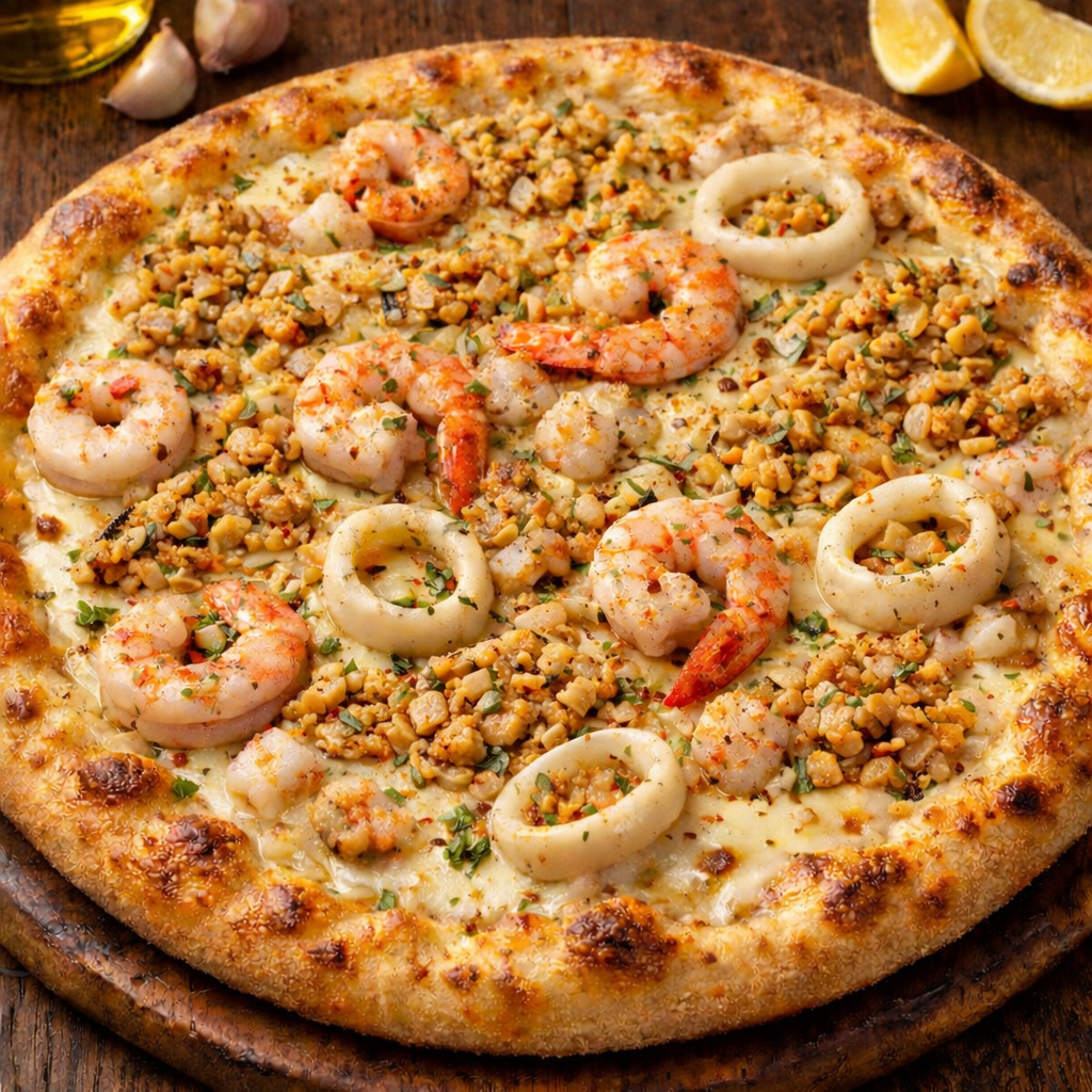 Pizza de mariscos con camarones, calamares, y avellanas, sobre masa con queso y hierbas, en una bandeja de madera.