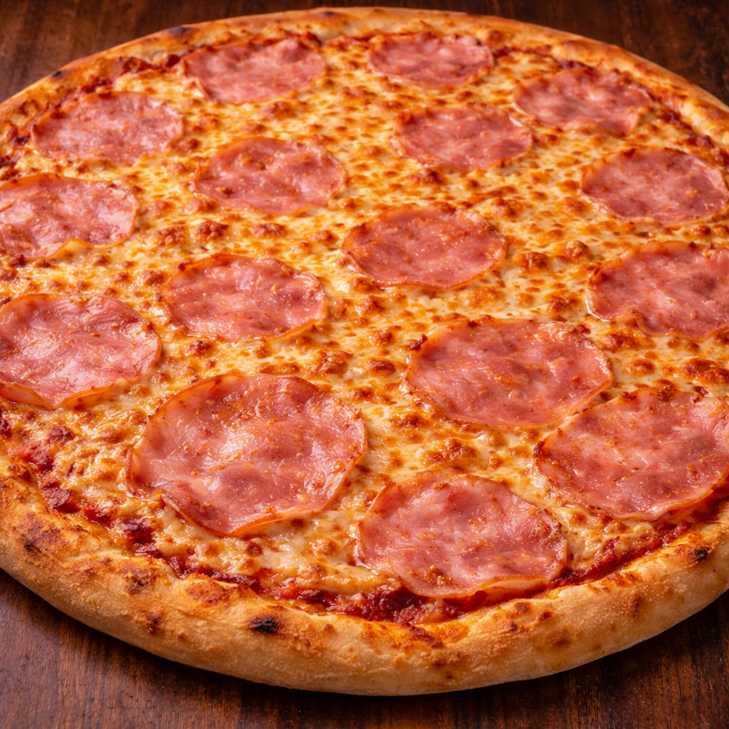 Pizza con queso y rodajas de jamón en una base de masa dorada sobre una superficie de madera.