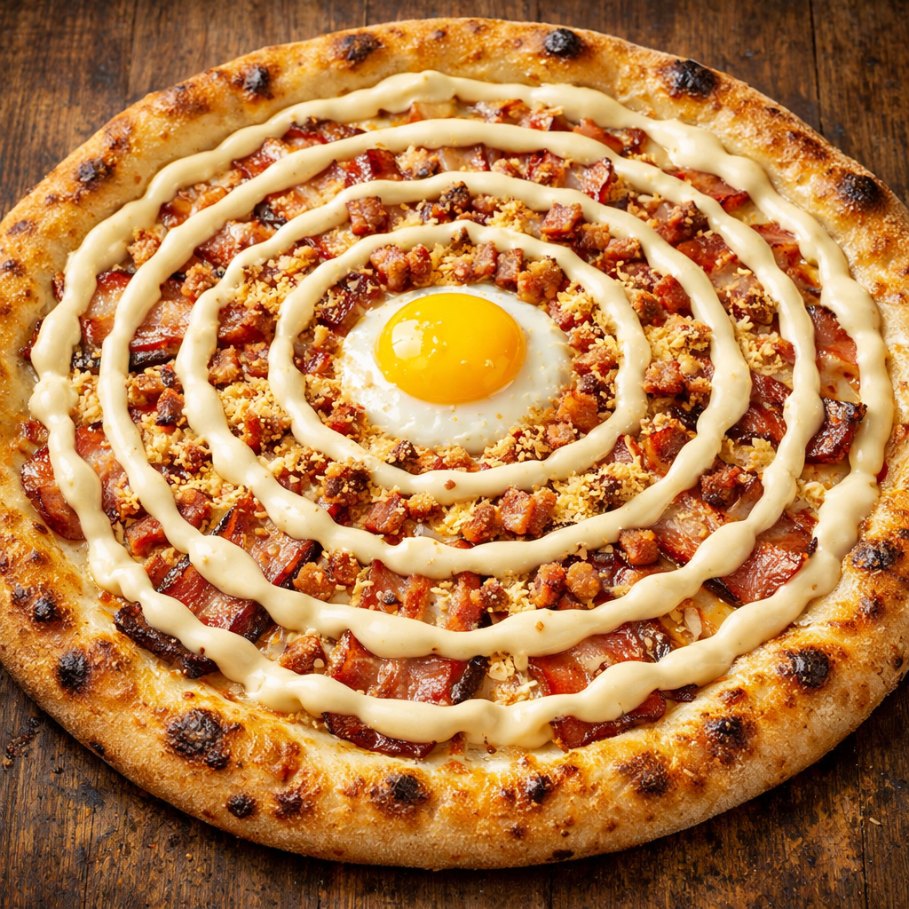 Pizza con borde dorado, tocino, salsa, mayonesa en espiral y un huevo frito en el centro sobre una mesa de madera.