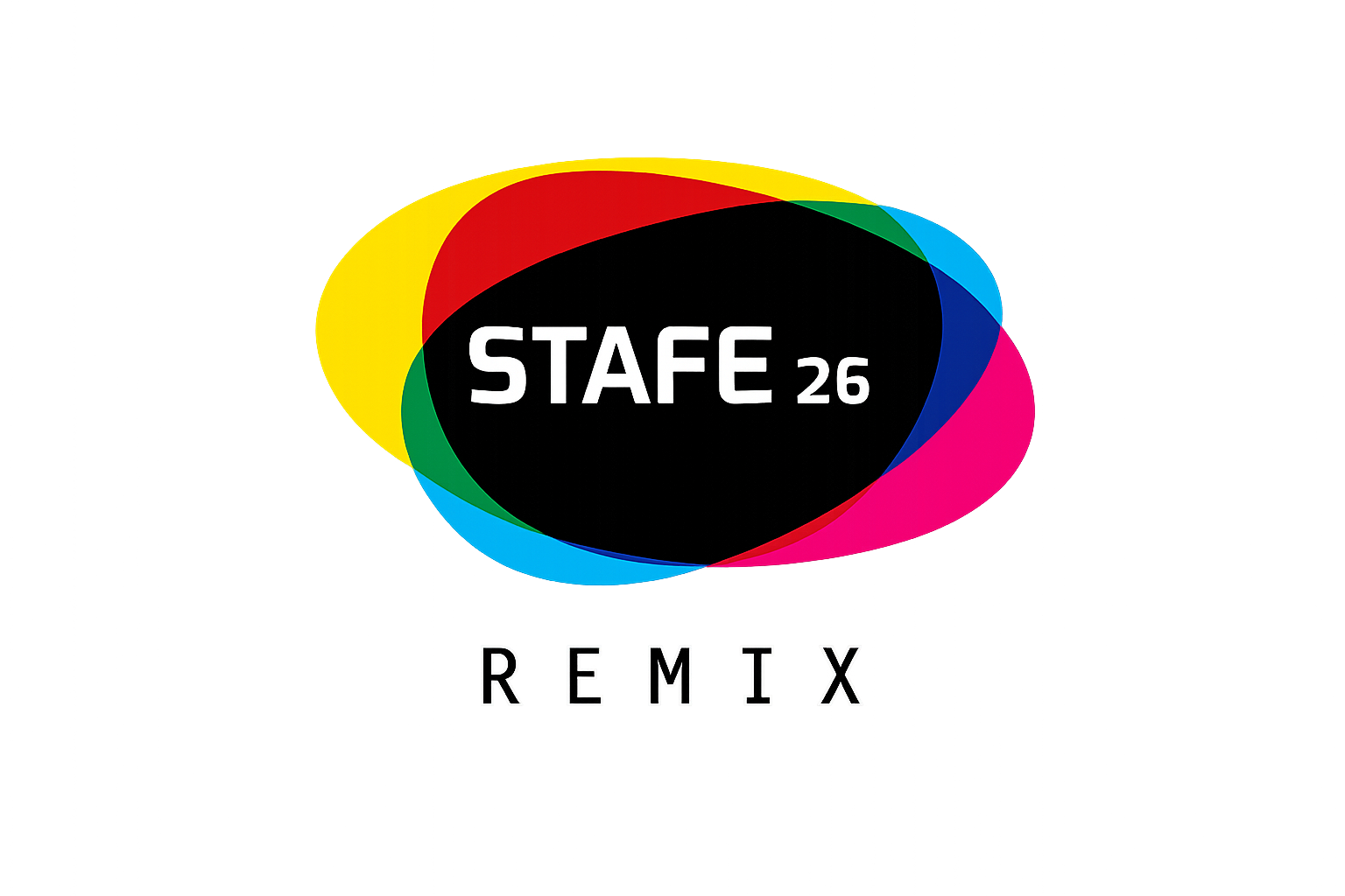 Grafisches Design mit dem Text "STAFF 26 REMIX" in einem bunten, ovalen Hintergrund.