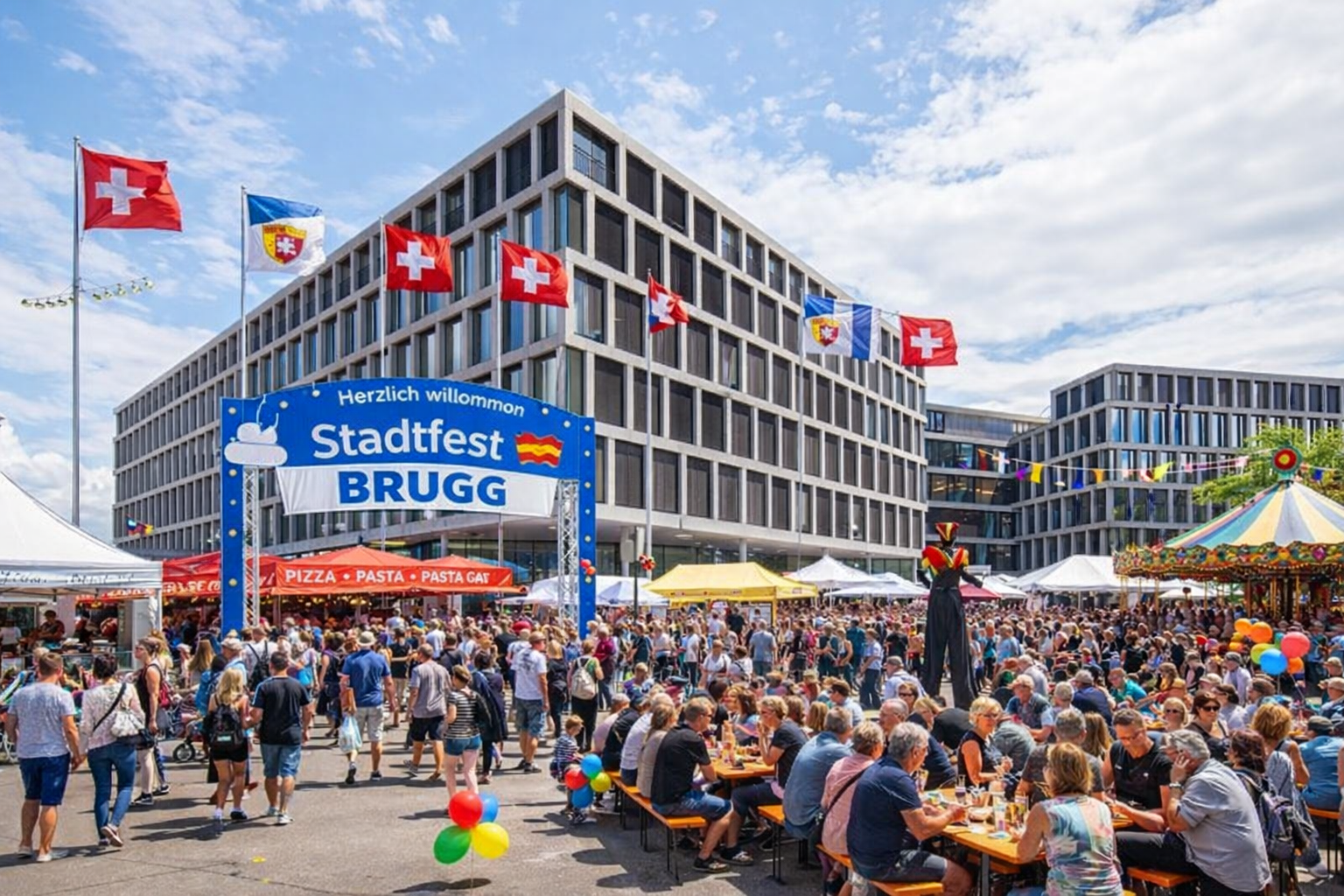Viele Menschen feiern auf einem Stadtfest in Brugg, Schweiz, mit Zelten, Festwagen, Ballons und Flaggen. Es gibt einen Eingang mit einem blauen Bogen, auf dem 'Stadtfest Brugg' steht, und im Hintergrund moderne Gebäude.