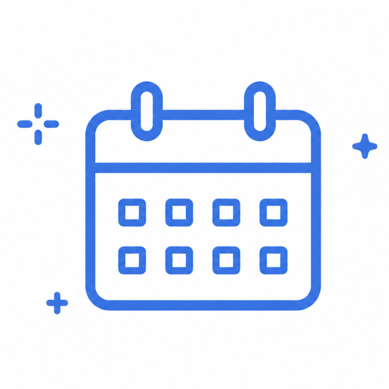 Blaues Kalender-Icon mit sechs Tagen auf weißem Hintergrund, umgeben von kleinen Stern- und Pluszeichen.