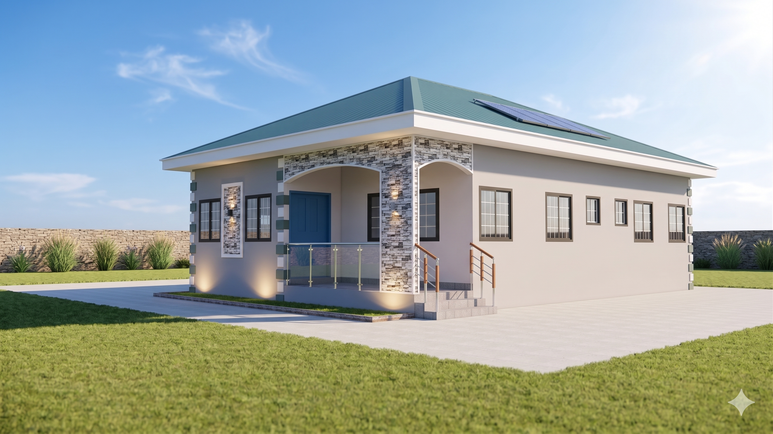 Modern house with stone and stucco exterior, front steps, black framed windows, green metal roof with solar panels, well-maintained lawn, and a stone privacy wall in the background.