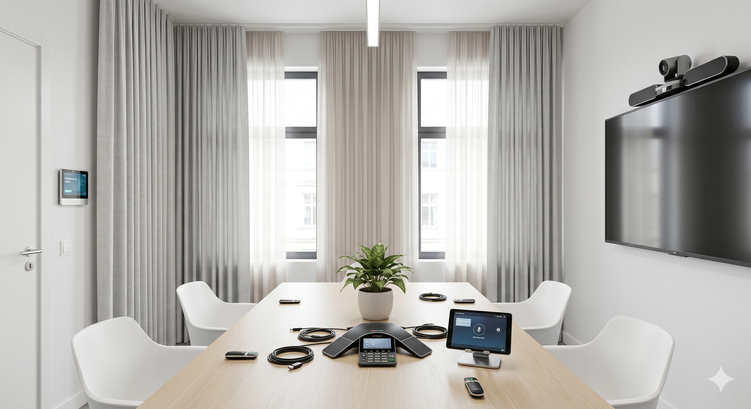 Modern conference room with a wooden table, white chairs, a potted plant, and multiple electronic devices including conference phones, tablets, and remote controls. The room has large windows with sheer white curtains, and a flat-screen TV is mounted
