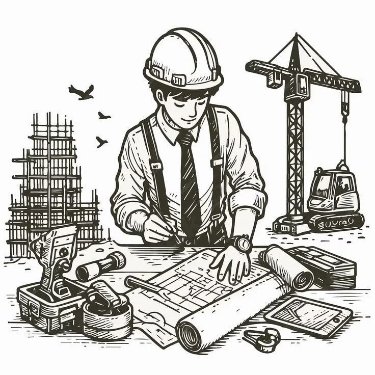 Drawing of a male construction engineer wearing a helmet, working with blueprints at a construction site with a crane, scaffolding, and construction tools.