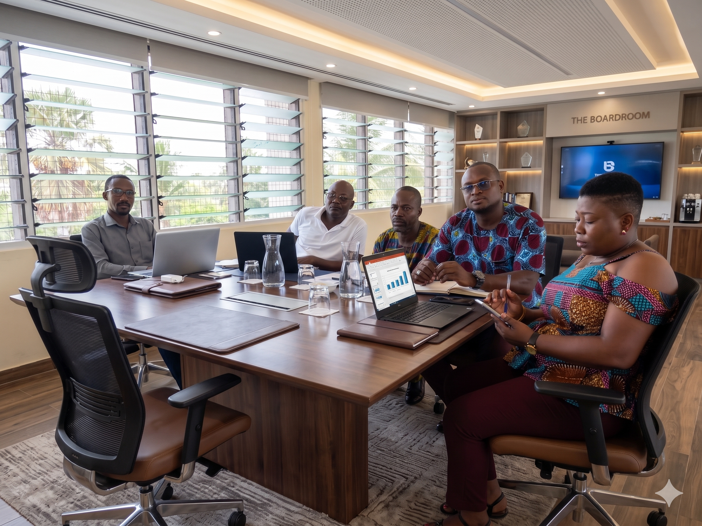 A group of five professionals sitting around a conference table in a modern office, engaged in a meeting. There are laptops, notebooks, and glasses of water on the table. Large windows with blinds allow natural light to fill the room. A television sc