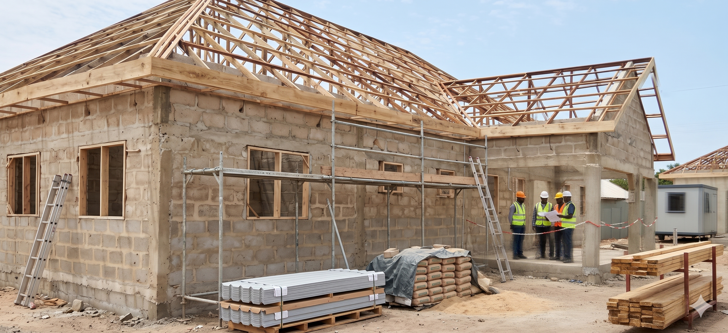 Construction site with workers in safety gear building a house, showing a partially built brick structure with scaffolding and wooden roof framework.