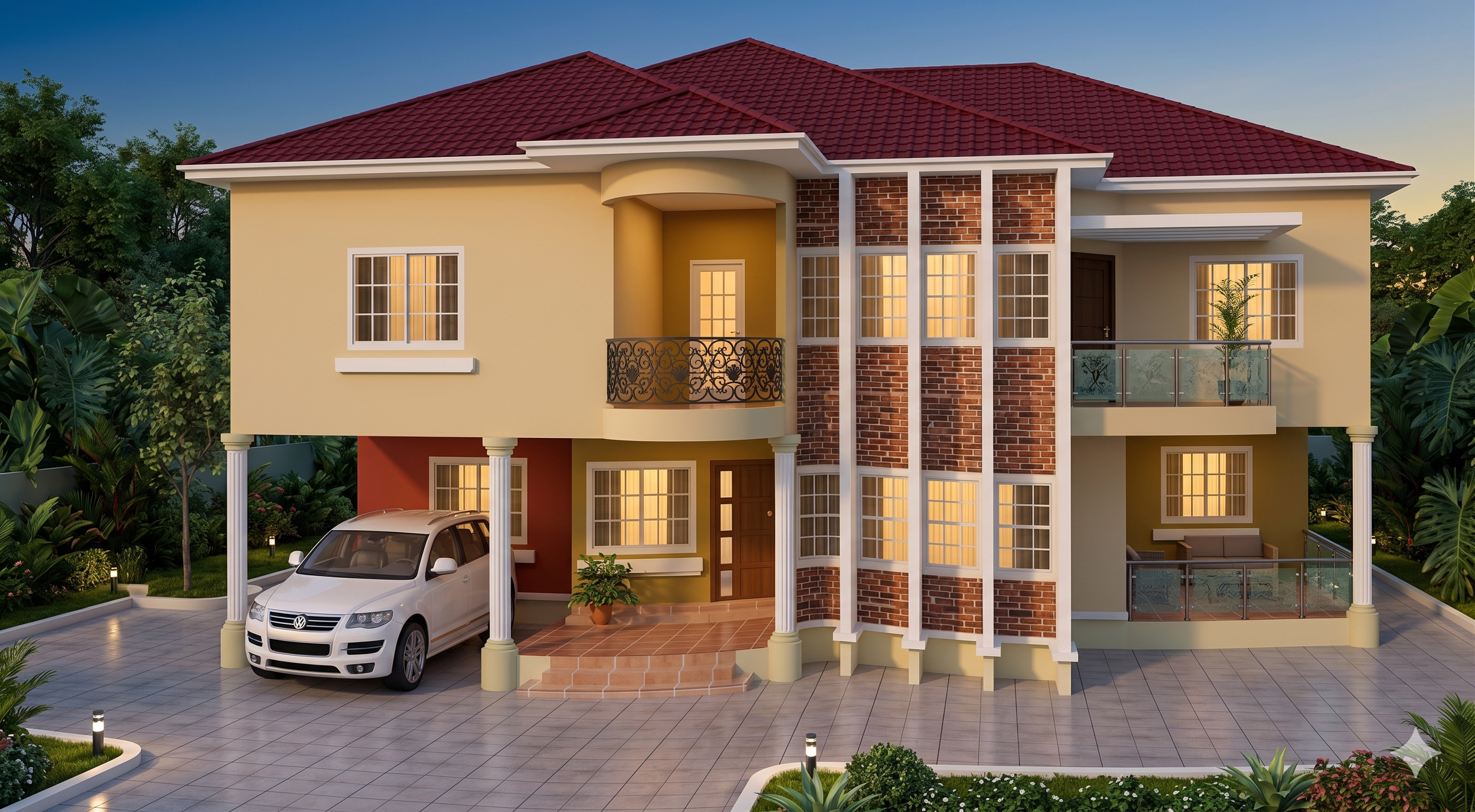 A two-story house with a red-tiled roof, yellow walls, and brick accents. It has multiple windows illuminated from inside, a small balcony, a front porch with steps, a white car parked in the driveway, surrounded by lush greenery and pathway lights.
