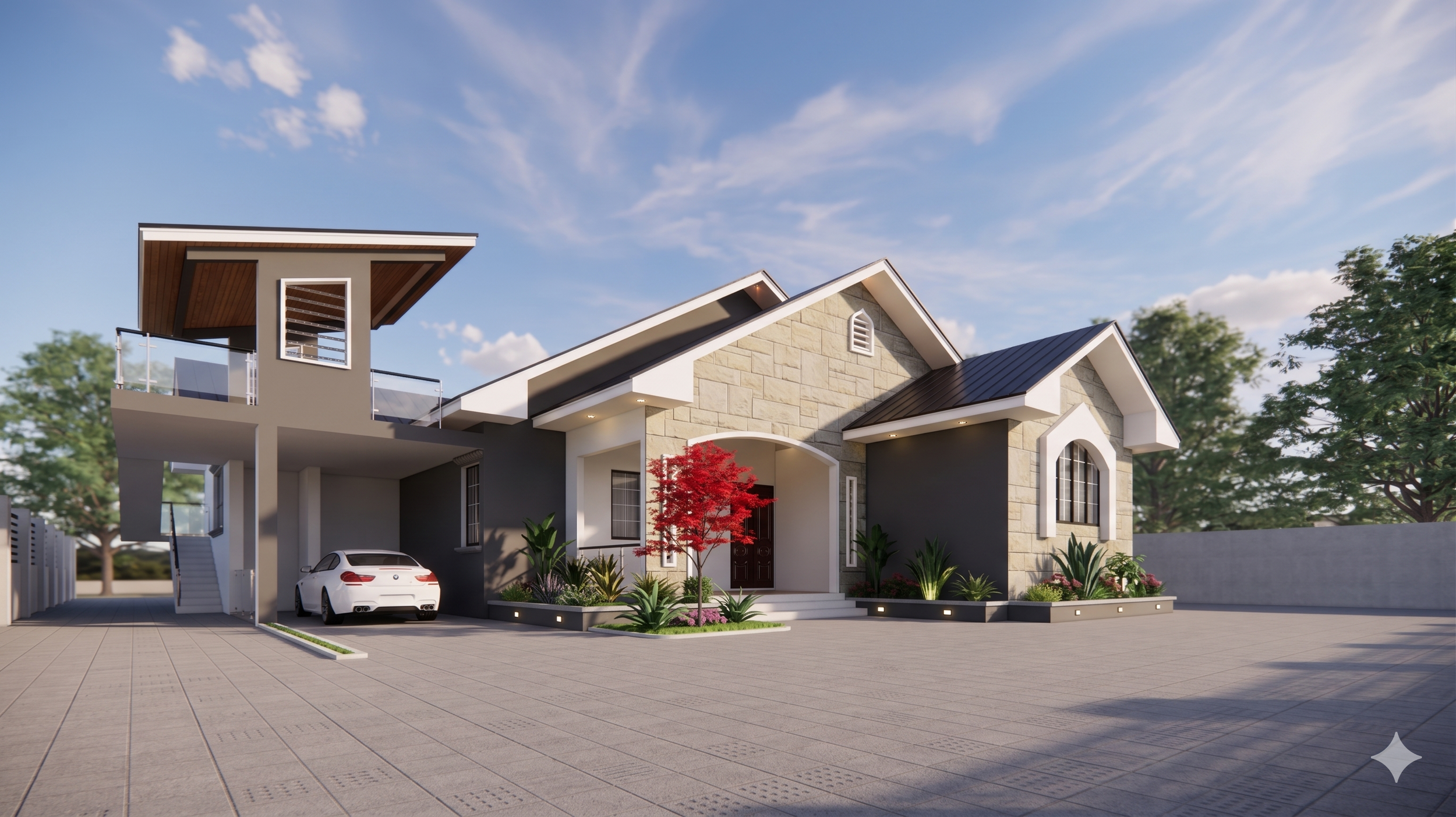A modern two-story house with a gray exterior, stone accents, and a landscaped front yard with red and green plants. There is a car parked under a covered carport and another car parked in front. The house features a gabled roof and large windows, wi