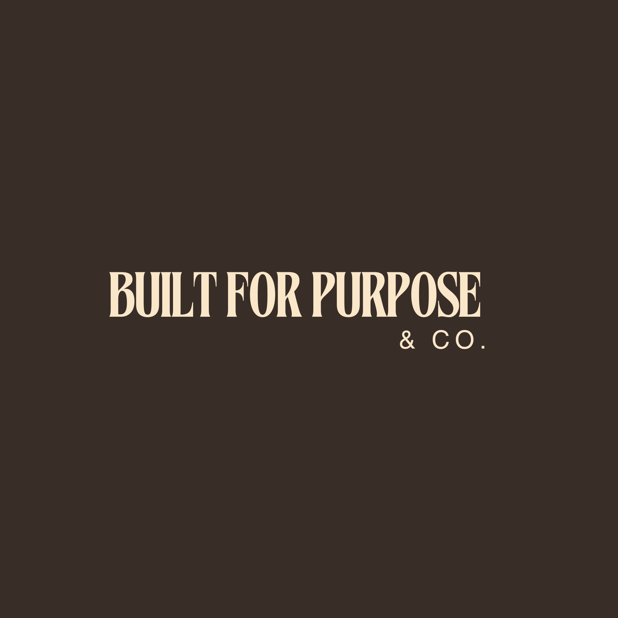 Dark brown background with beige text that reads "Built for Purpose & Co."