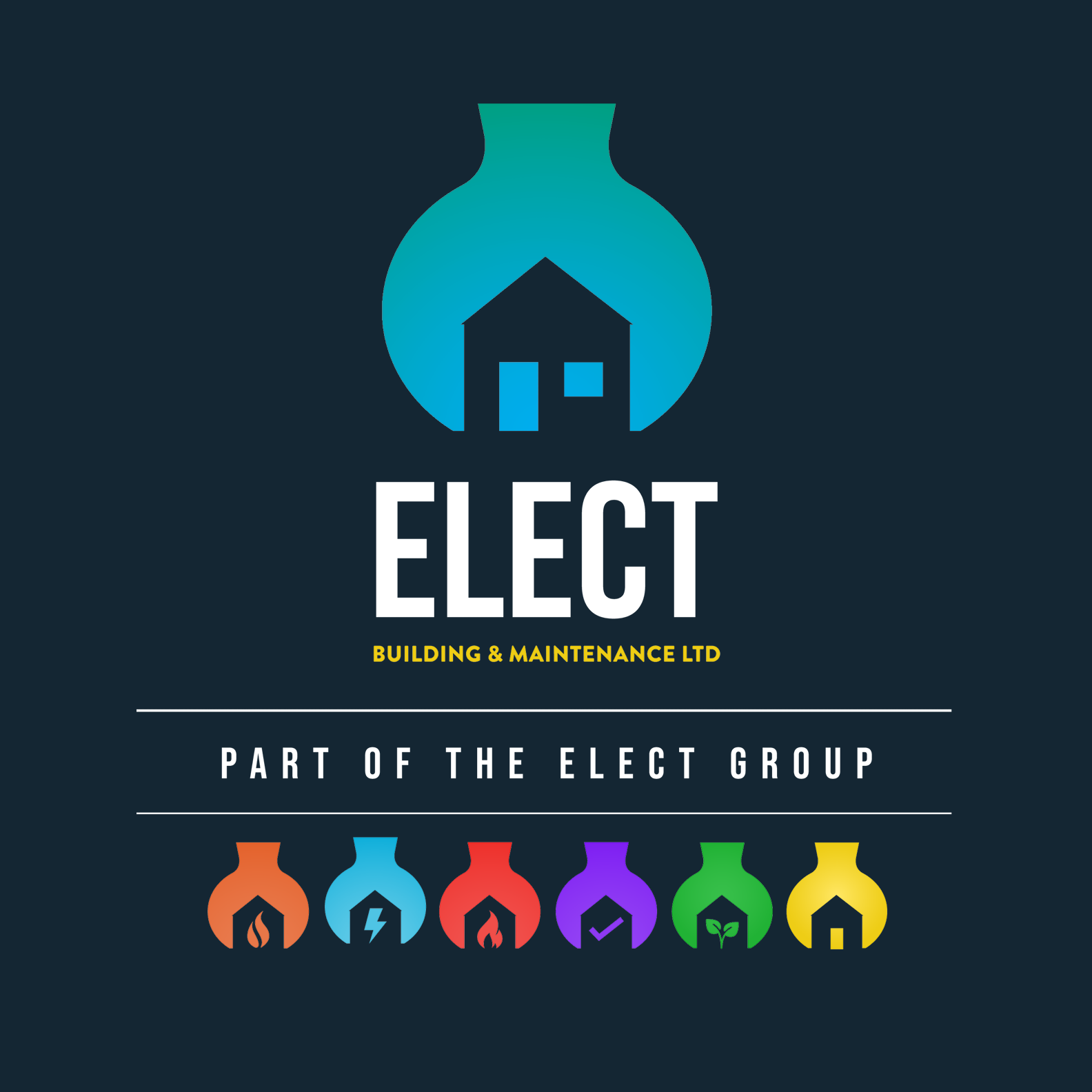 Logo for Elect Building & Maintenance LTD, featuring a house and lightbulb icon, with colorful icons representing different services such as heating, electrical, fire safety, inspection, gardening, and home.