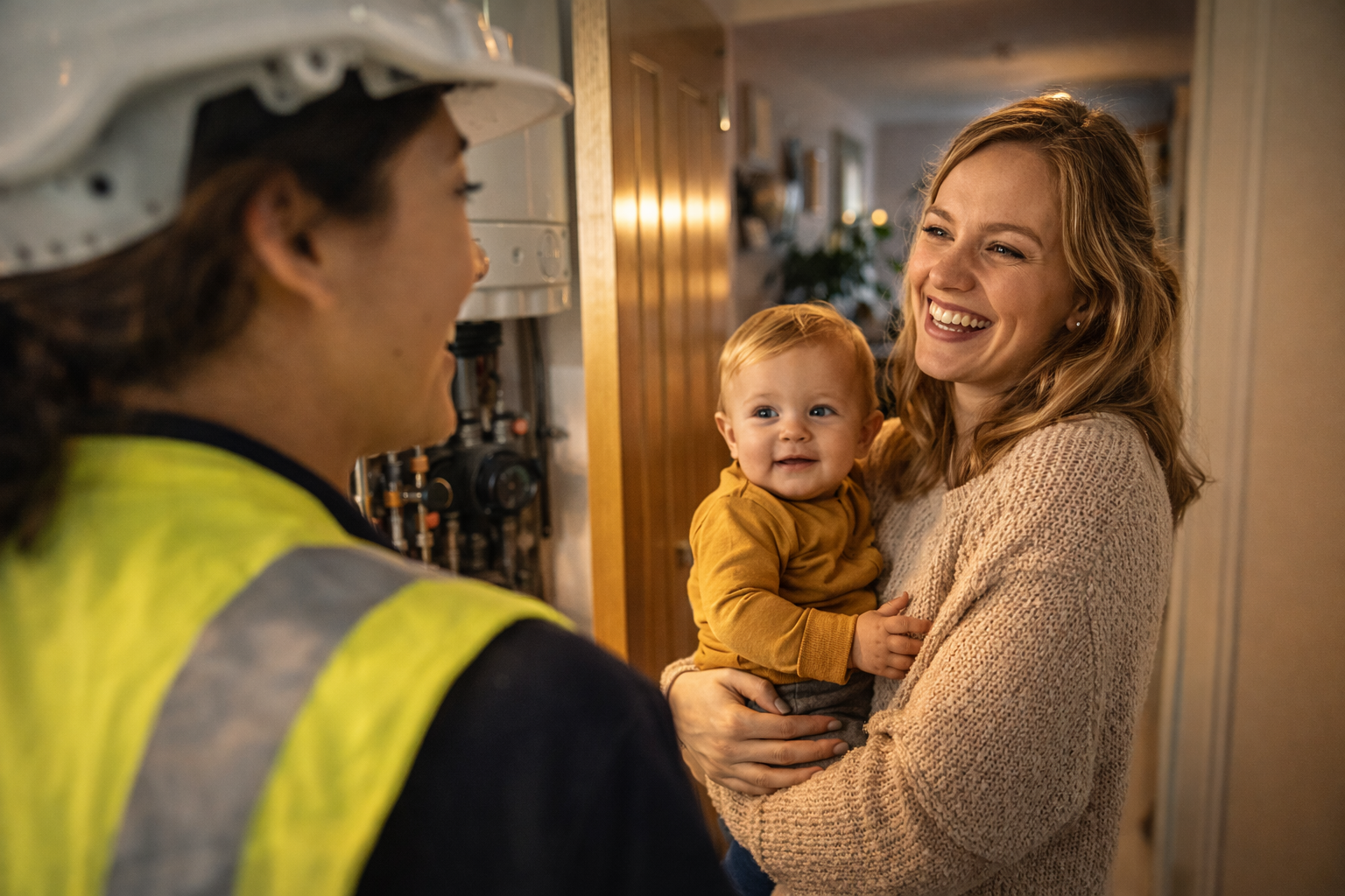 A woman holding a smiling baby while talking to a worker wearing a yellow safety vest and a white helmet inside a home.