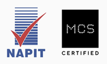 NAPIT CERTIFIED logo with a red checkmark and blue lines, next to a black square with white dots spelling 'MCS' and the word 'CERTIFIED' underneath.