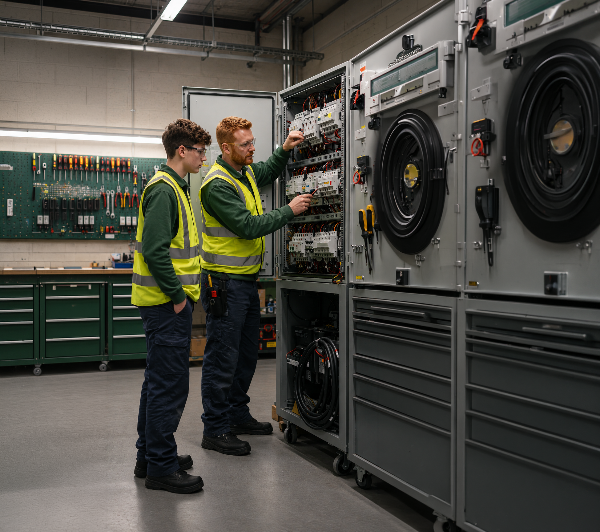 Two workers in safety vests and glasses working on electrical equipment inside a workshop with tools hanging on a green pegboard in the background.