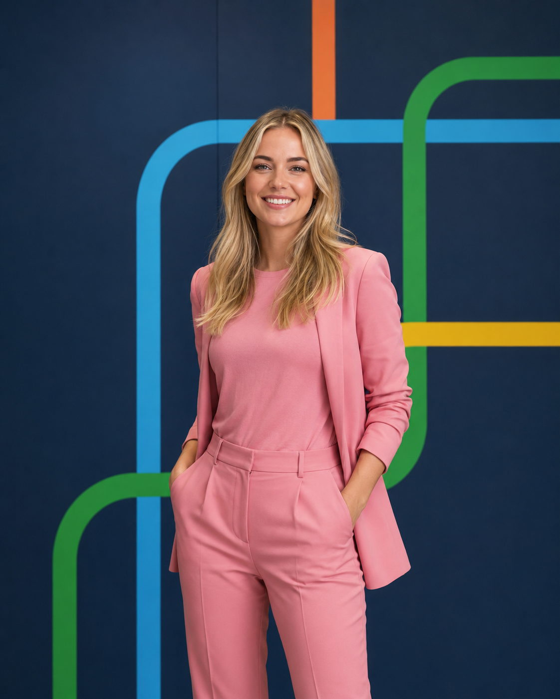 A woman with blonde hair, wearing a pink suit, smiling, standing against a dark background with colorful graphic lines.