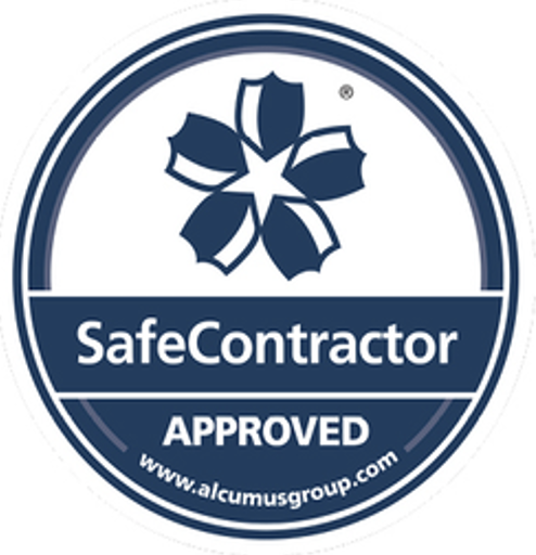 SafeContractor approved badge with a blue flower-like symbol at the top and the website www.alcumusgroup.com at the bottom.