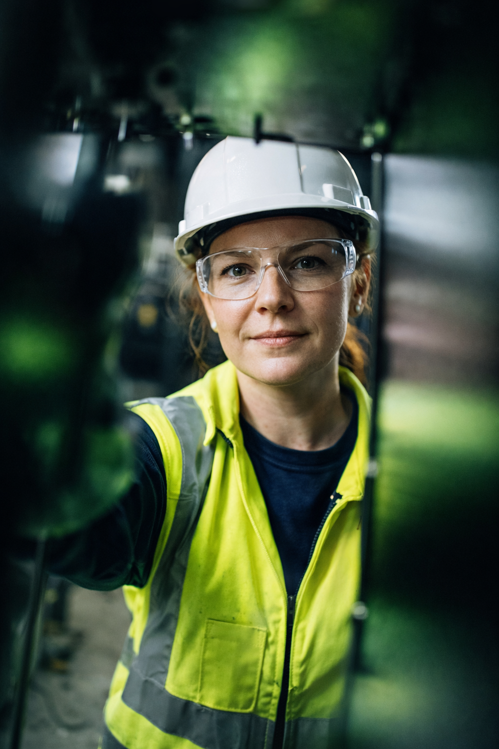 A female worker wearing safety glasses, a white hard hat, and a high-visibility yellow vest inspecting equipment outdoors.