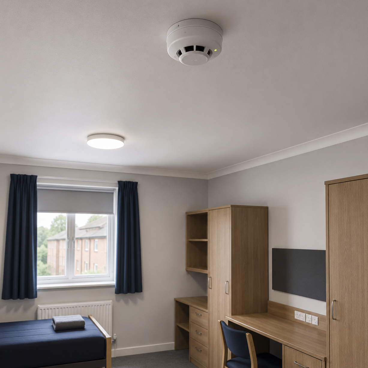 Simple hotel room with a bed, window with blue curtains, wooden wardrobe, desk, and chair, with smoke detector on ceiling.
