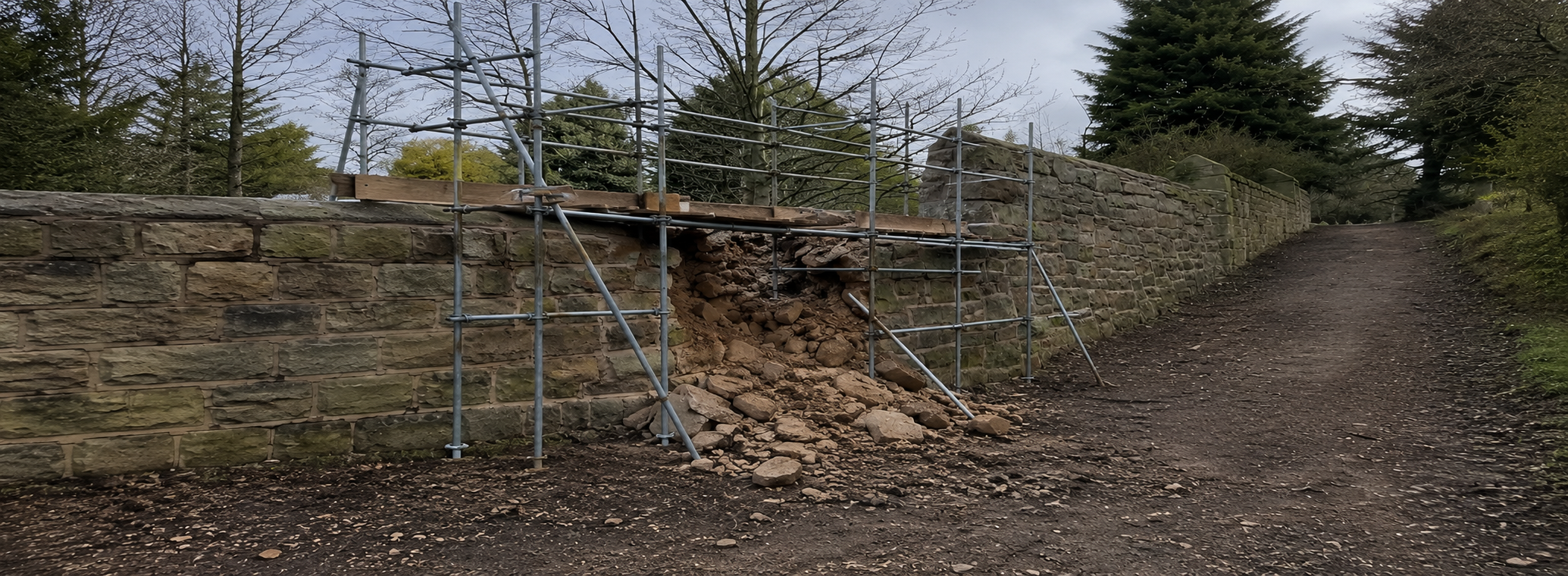 Part of a stone bridge under repair with scaffolding, on a dirt pathway lined with trees, some with leaves and others leafless, under an overcast sky.