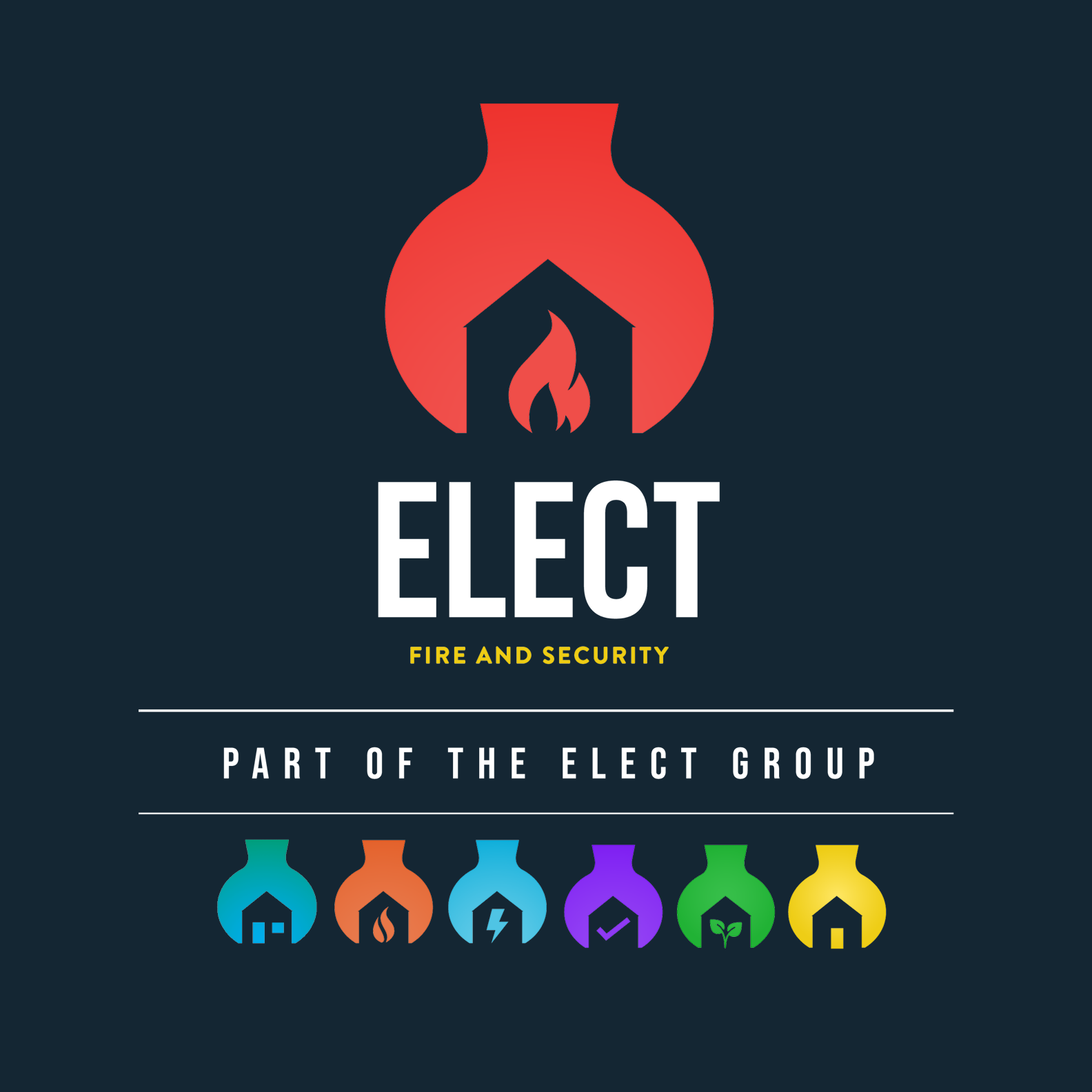 A dark-colored promotional poster for a fire and security company called ELECT, with a large logo featuring a house with a flame inside. Text includes: "ELECT," "FIRE AND SECURITY," and "PART OF THE ELECT GROUP." The bottom shows a series of colored icons representing different services.