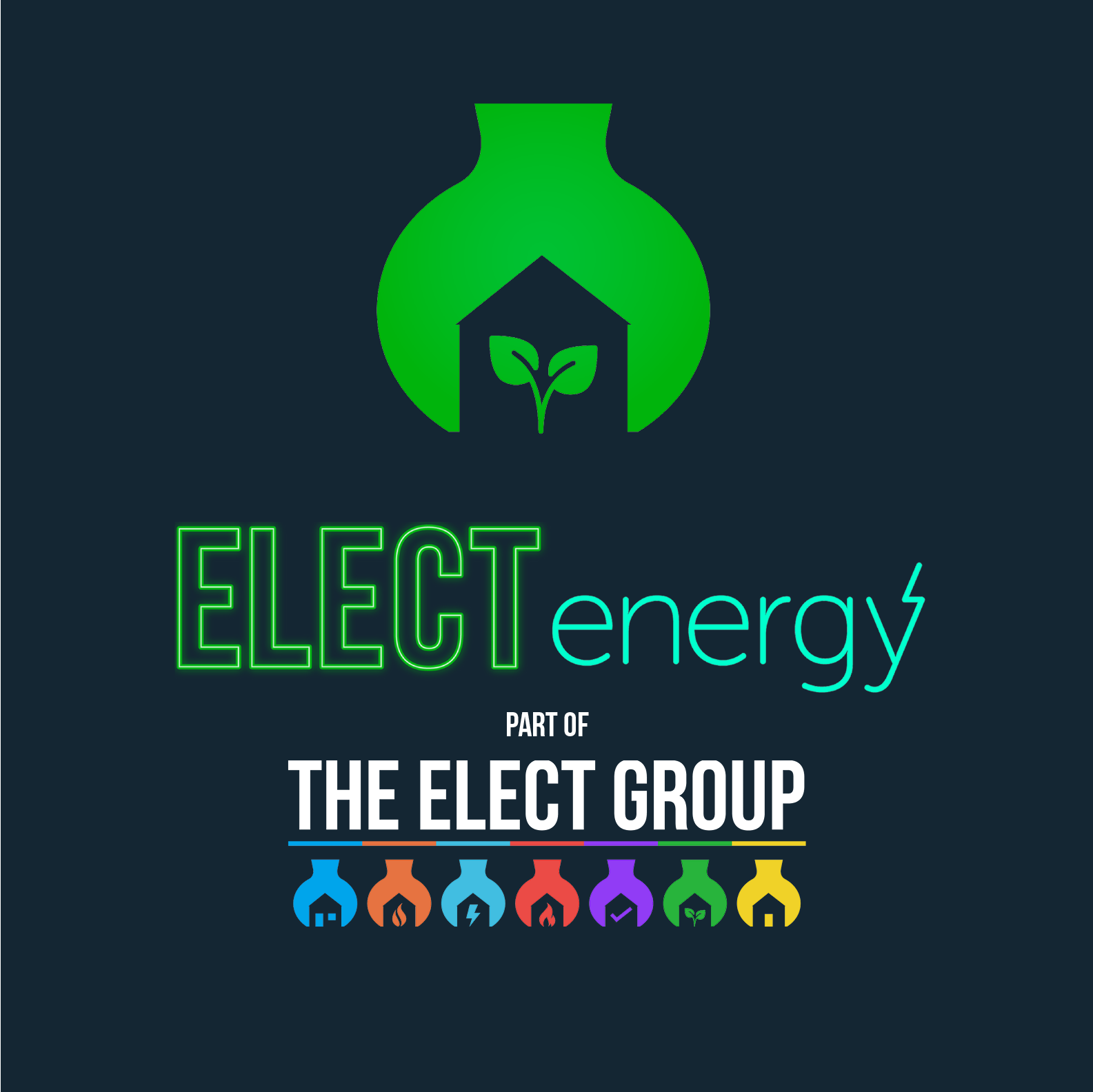 Neon sign promoting clean energy with a green bulb containing a house and leaf symbol, and the text 'ELECT clean energy' with additional text 'PART OF THE ELECT GROUP'.